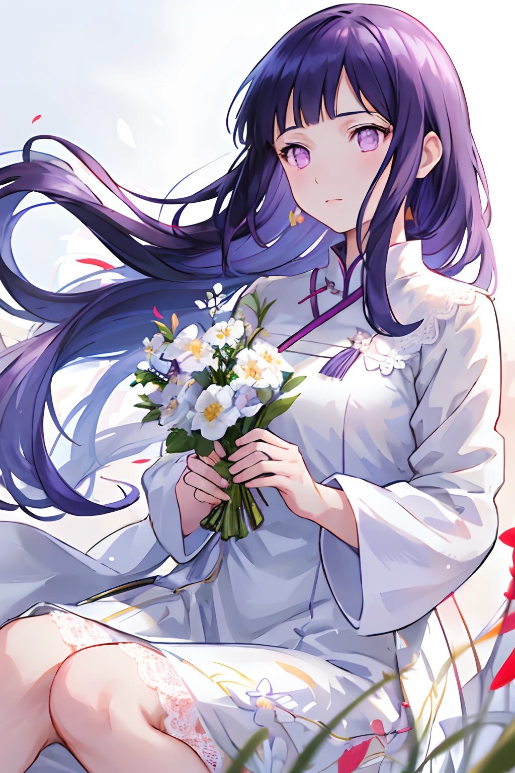a beautiful girl in white aodai , masterpiece, best quality, realistic:1.3,in a field of flowers, holding bundle of flowers, sunlight, backlighting,Blunt Bangs, purple eyes, long dark blue hair,lace