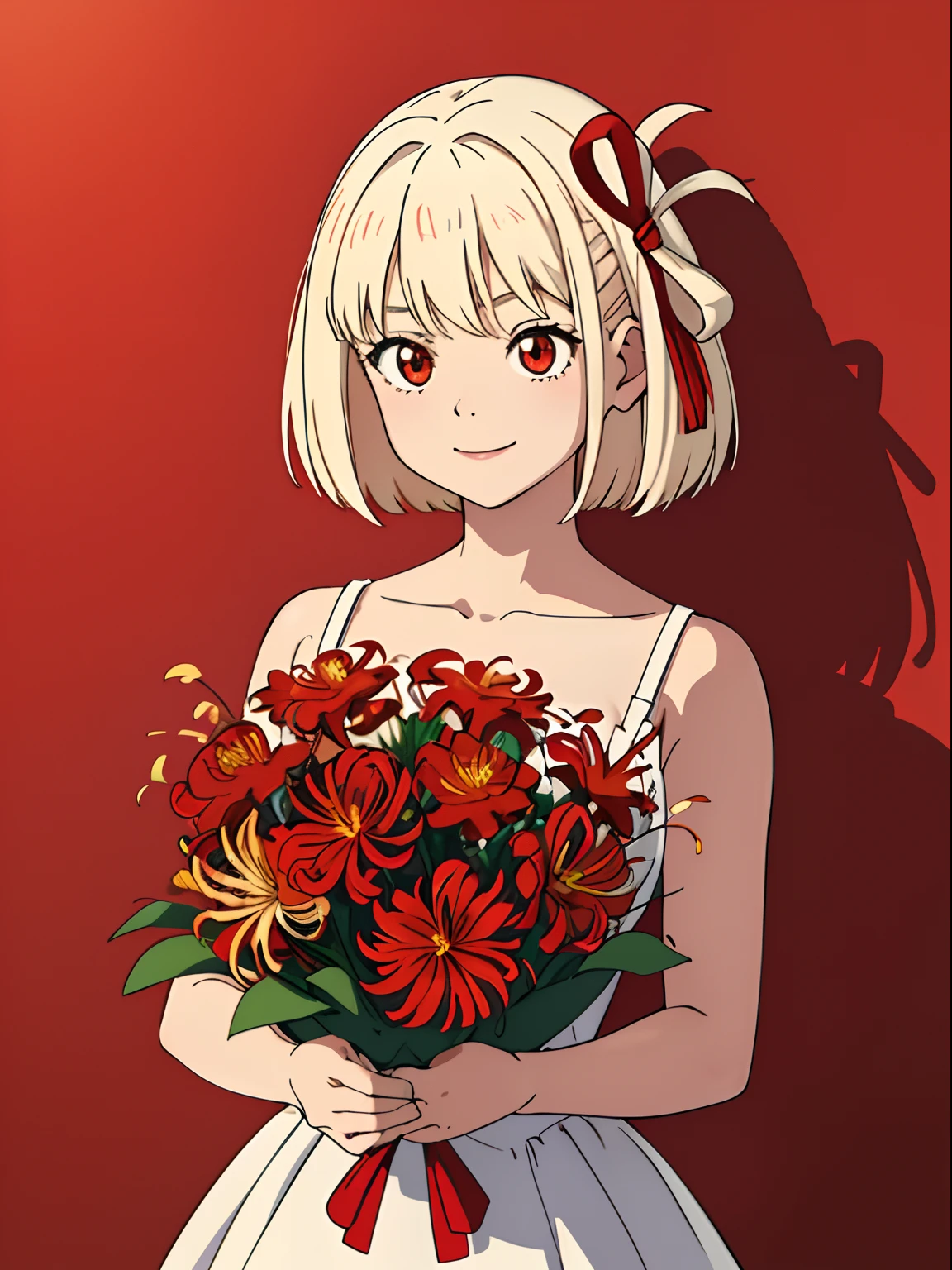 flowerfield background、(masterpiece、top-quality:1.2)、((facing front:1.2))、A smile、With bangs、Young woman at 17 years old、((The upper part of the body:1.2))、Promotional Art、offcial art、Wearing a white dress、platinum-blonde、Red ribbons、Amber eyes、Red Spider Lily (Lycoris radiata)Holding a bouquet of flowers on her chest