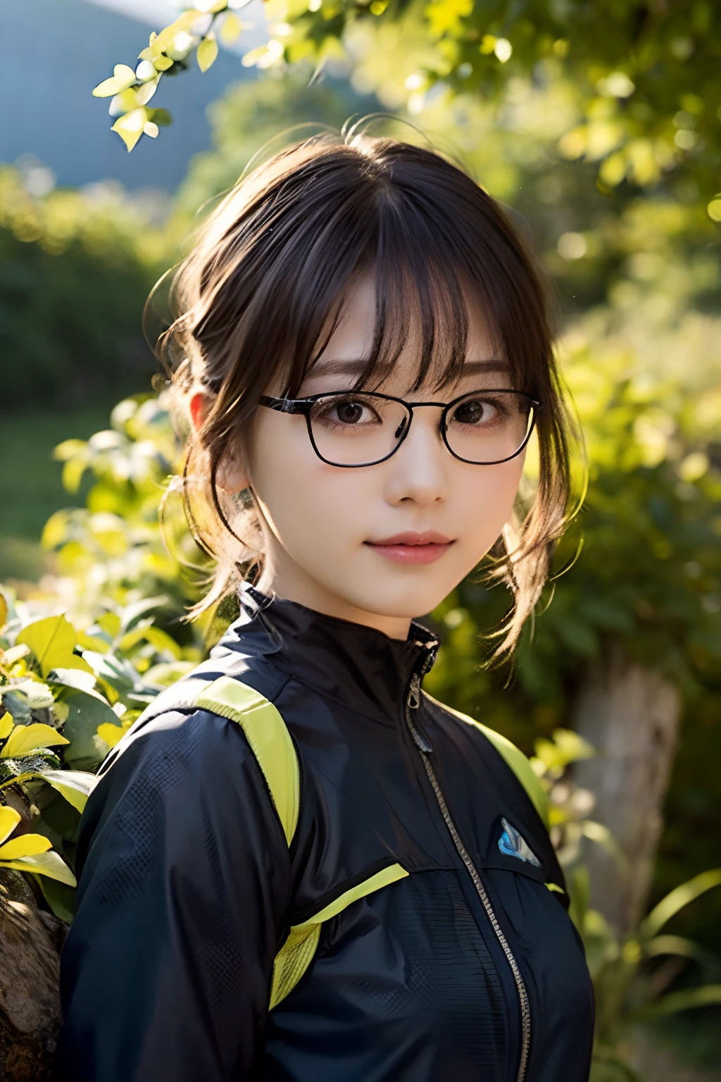 (8K、Raw photography、top-quality、masterpiece:1.2)、(realisitic、Photorealsitic:1.37)、ultra-detailliert、超A high resolution、 1 人、29yo、see the beholder、beautifull detailed face、Smile、Constriction、(Slim waist) :1.3)、Beautiful detailed skin、Skin Texture、Floating hair、Hair bunched into one、(Mountaineering Wear:1.4)、Professional Lighting、Barbecue area in autumn、campsite、(((Black square glasses )))、Whole human body、Black hair、((Shameful appearance))、