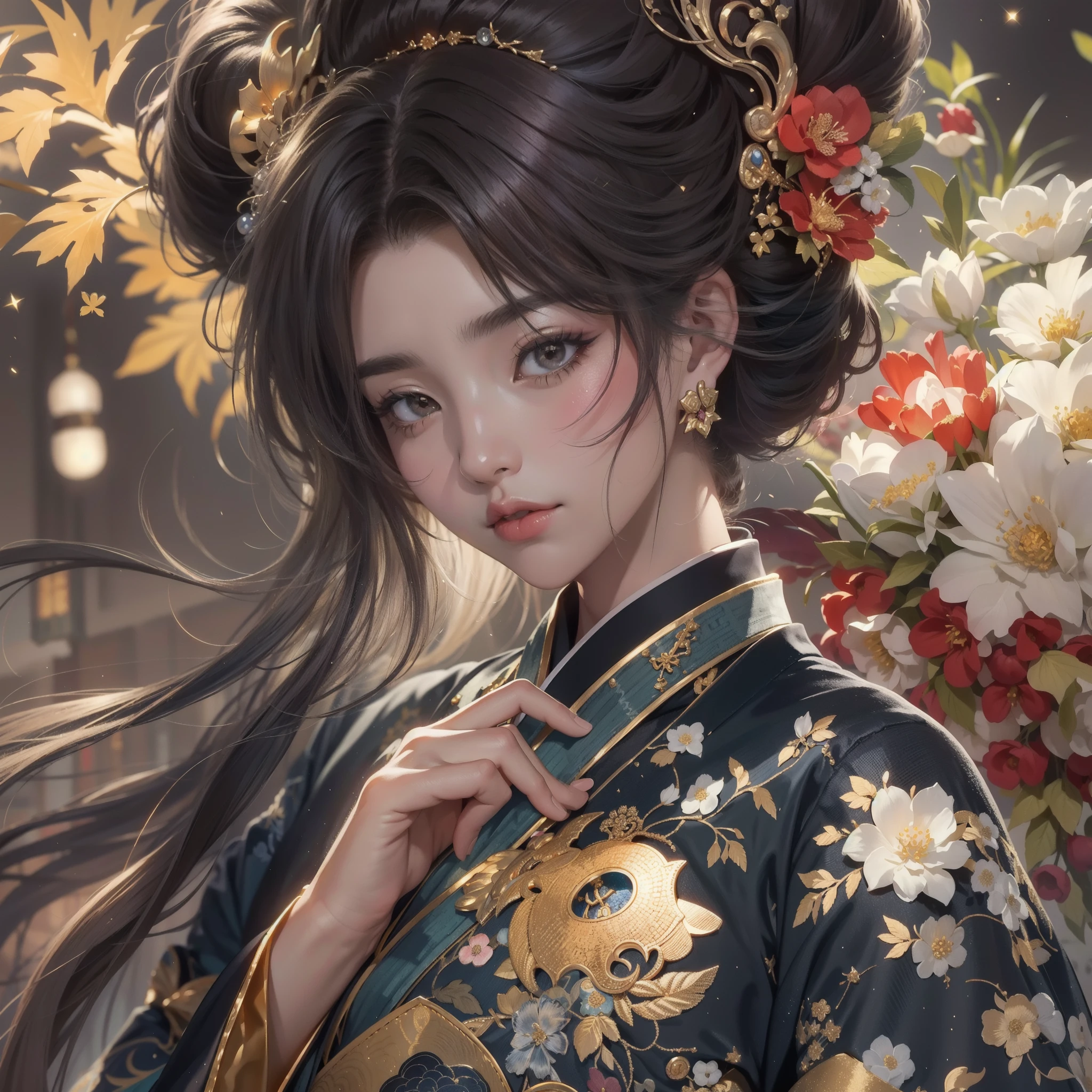 a moon、Detailed background((ancient city:1.2),细致背景)、Elegant backgrounds,Zen entanglement, glossy dark hair,poneyTail,Lots of bouquets in hand, BREAK,elaborate costume{Luxury kimono(Colorful kimono(Detailed golden embroidery,))}、Japanese Idol(actress),Depict a beautiful and graceful woman of Japan。Heart in the eye。 Wallpaper 8K, .Blur the background with a sickle,((masutepiece)), ((Best Quality)),{{a portrait photo of}},full body Esbian