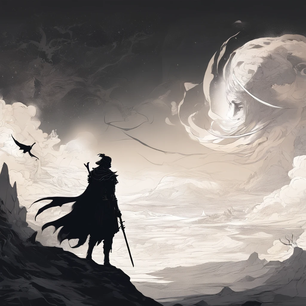 an image of a philosopher, conquered his mind, silhoutte, war scene, dark and gloomy, profile picture,line art, black and white manga