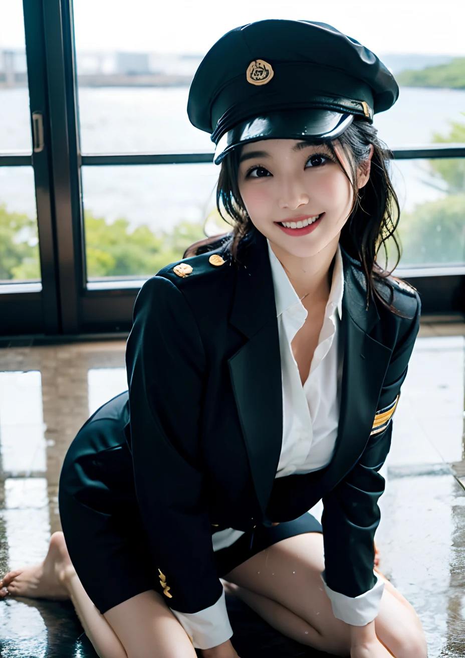 There are visible women, aya takano color style, hana yata, Ayaka, Sui Ishida, Aya Takano, Shiori Teshirogi, Ayami Kojima Amano, Rin, Erika Ikuta, Rei Hiroe、Well-groomed eyes、sensual bodies、Uniform is wet with sweat、Extraordinary beauty、huge-breasted、Smiling、Clothes are unbuttoned、Chest that seems to burst、nudde、fullnude、Beautiful 、独奏、Wearing a pilot's hat、Beautiful 、soaked clothes、Drenched、fully body photo、Beautiful feet、Ground angle、Ground angle、