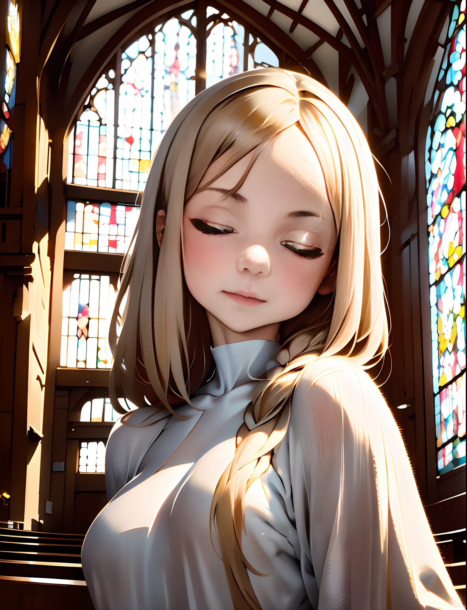 Perfect Anatomy,super detailed skin,Beautiful detailed eyes,detaileds,Best Quality,masutepiece,8K,1girl in,Solo,10yaers old,Short stature,french braids,Pale flaxen shorthair,fluffy wavy hair,(The forehead is very attractive、超A high resolution、A hyper-realistic、high-detail、the golden ratio、the golden ratio、the golden ratio、Beauty、Beauty、Beauty,Gospel Gown,(Close your eyes and sing a song),Hymns to the Fallen,choir,Face seen from the side,From below,In a church,cathedral,wide_viewer