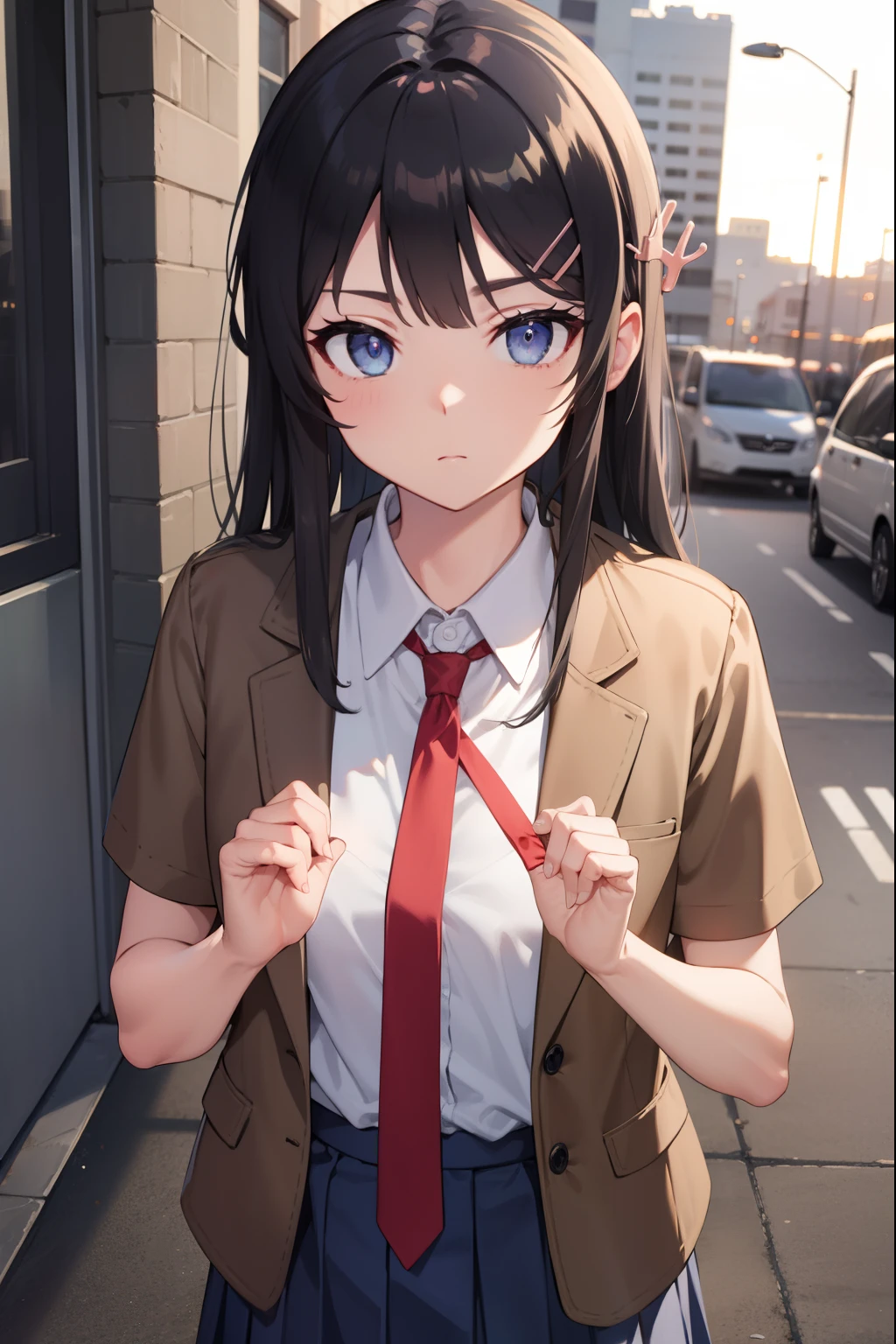 maisakurajima, sakurajima mai, long hair, bangs, black hair, hair ornament, (purple eyes:1.1), hairclip,
BREAK skirt, shirt, school uniform, white shirt, short sleeves, pantyhose, pleated skirt, collared shirt, blue skirt, black pantyhose, red necktie, jacket, brown jacket,
BREAK outdoors, city,
BREAK looking at viewer, BREAK (masterpiece:1.2), best quality, high resolution, unity 8k wallpaper, (illustration:0.8), (beautiful detailed eyes:1.6), extremely detailed face, perfect lighting, extremely detailed CG, (perfect hands, perfect anatomy),