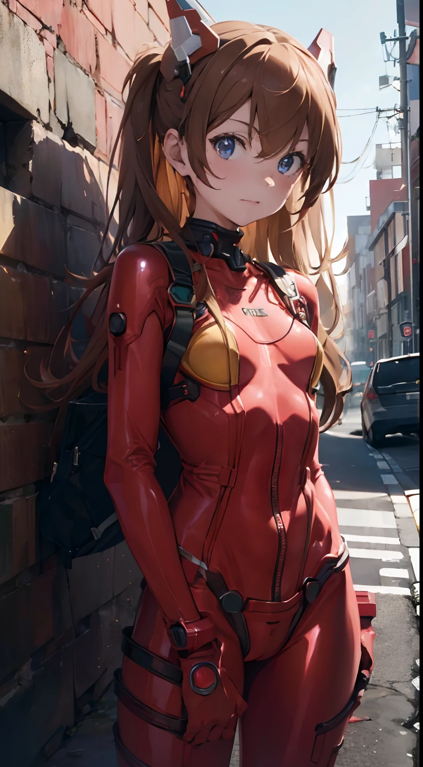 ((masterpiece,best quality, detailed)), against wall, souryuu asuka langley, test plugsuit, headgear