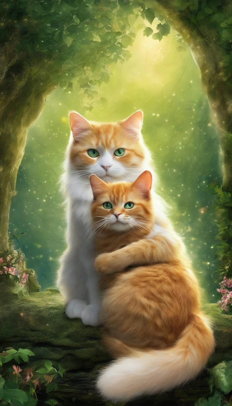 (2cat:1.3), (2 animals:1.3), ((Black-eyed cat)), ((Ginger green-eyed cat)), (Hugging:1.2), Wonderful atmosphere, adorable atmosphere, Magic dust