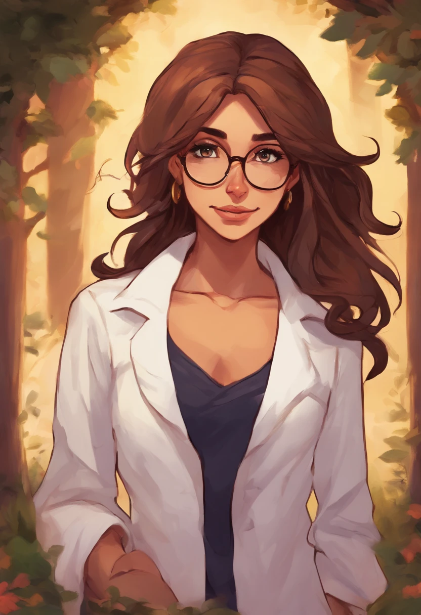 Mulher com cabelo marrom, com a cor dos olhos marro, wearing a pair of glasses and white lab coat, e uma blusa preta, and also with jeans and put on