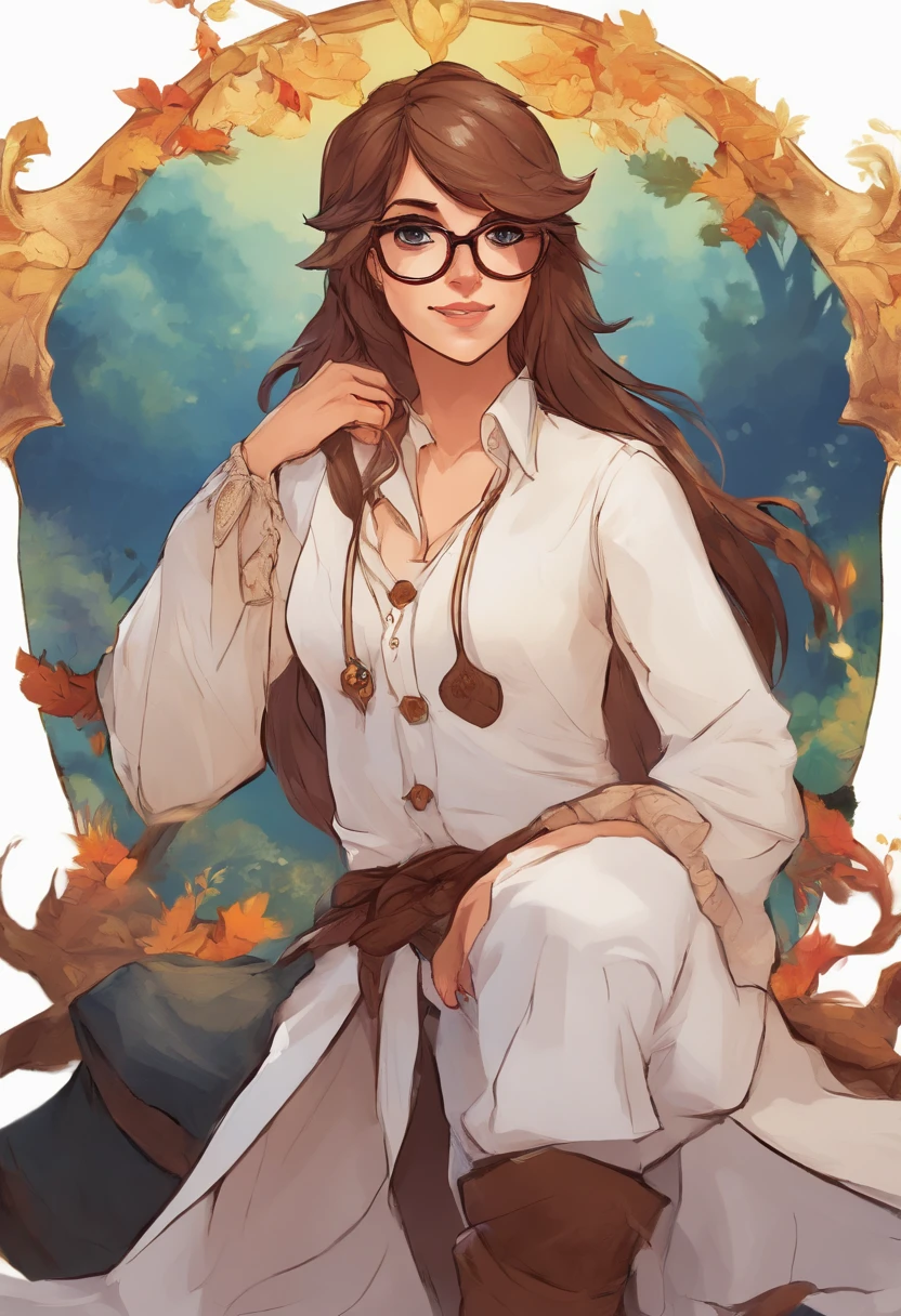 Mulher  com cabelo marrom, com a cor dos olhos marro, wearing a pair of glasses and white lab coat, e uma blusa preta, and also with jeans and put on