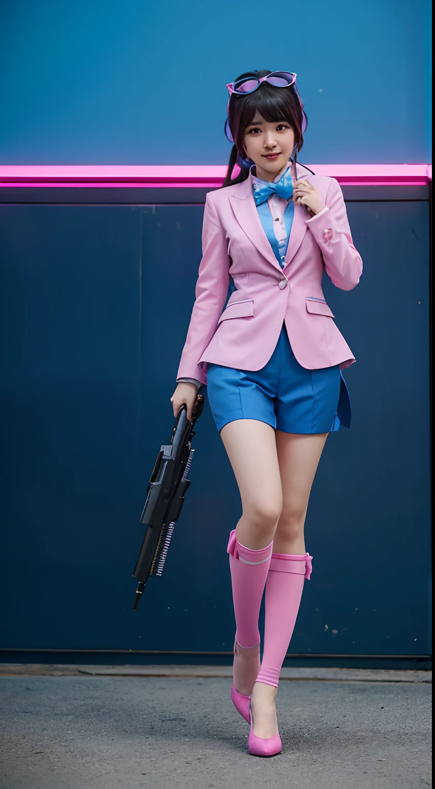 araffe in a blue and pink suit holding a gun, d. va from overwatch, as overwatch character, echo from overwatch, as an overwatch character, from overwatch, inspired by Leng Mei, overwatch inspired, professional cosplay, overwatch style, mei from overwatch, cosplay, cosplayer, publicity cosplay, full body zenkai! asuka suit