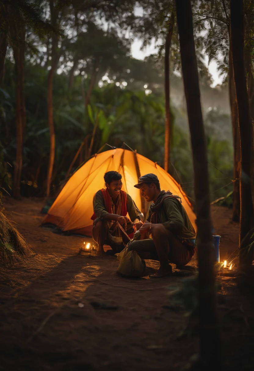 Realistic image, taken with Canon 1Dx MARK II, 50mm f1.2 lens, three scout leader are setting up tents with bamboo and rope, smiling brightly in the early morning