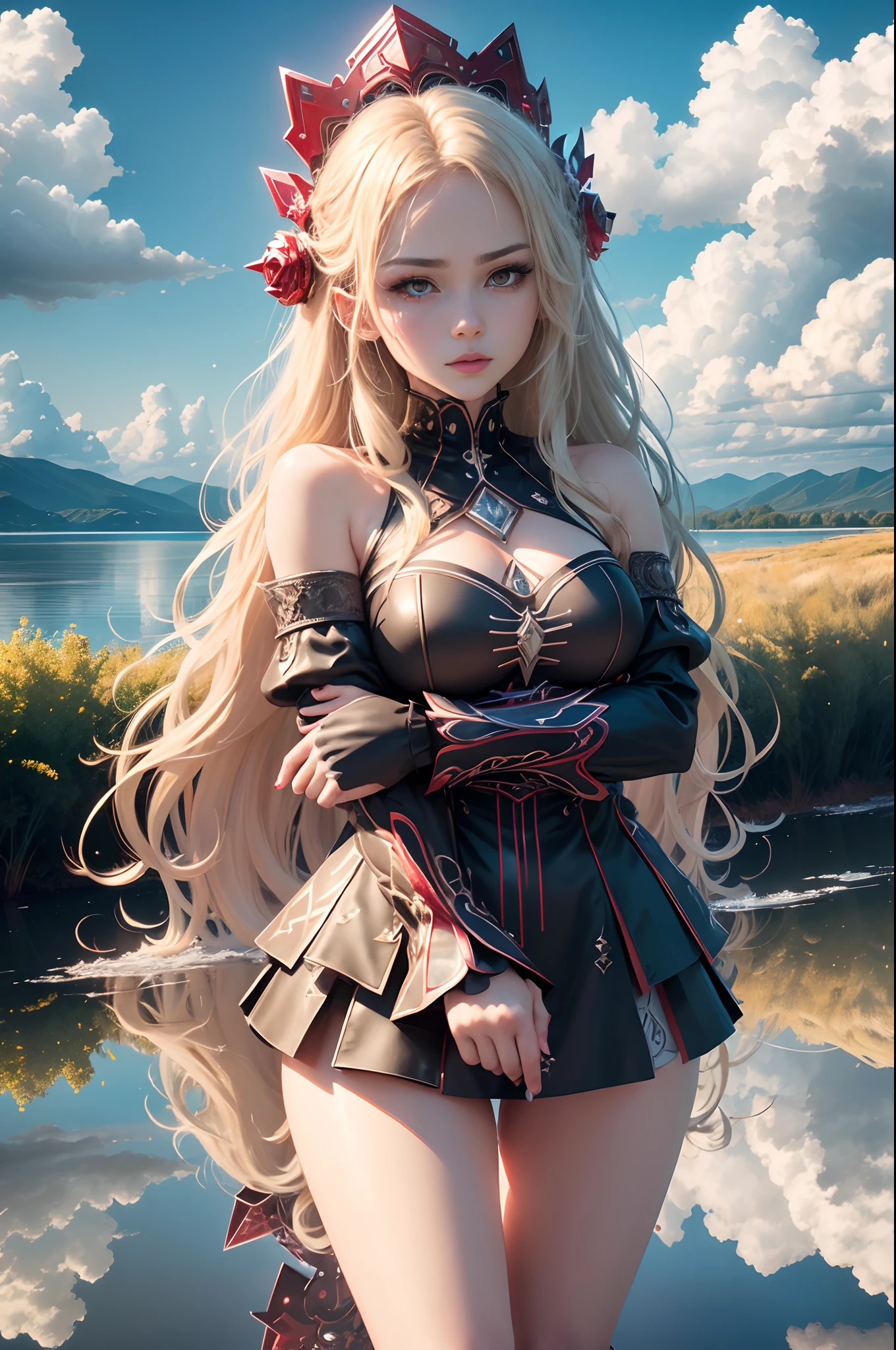 Unbeatable masterpiece, Ultra photo realsisim, Perfect Artwork, Intricate details, Best Quality, strong lights, High contrast, Red Armor, Quantum Punk, Nanopunk, (makina:1.2)(masutepiece) , (Best Quality) , (Highly detailed wallpapers CG Unity 8k) , (best character detail:1.36), marshland, Oppressive sky, white clouds , (Delicate lines:1.24), ([The mirror reflects water]:1.37) , (Fantasy) , cumulonimbus clouds , (The oppressive atmosphere of the host:1.14) , (cold light:1.2) , Color splattering , Colorful, full body Esbian,White background, Detailed eyes, Beautiful eyes, Detailed eyeshadow, Red Eyes, Red Lipstick, wariza, hair adornments, Simple background, cube hair ornament, Blonde hair, 1girl in, Wavy Hair, hightquality