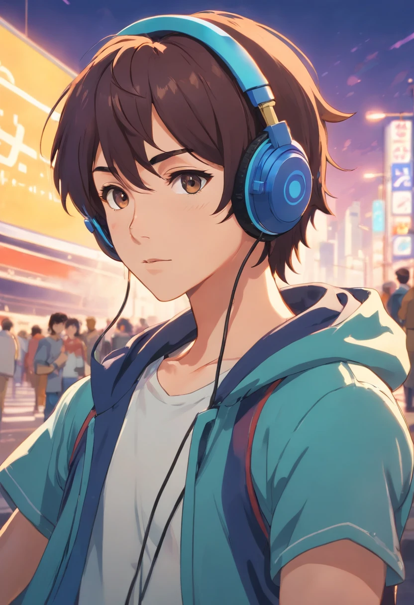 a close up of a person wearing headphones, twitch streamer / gamer ludwig, wearing a gaming headset, wearing gaming headset, tony khan wearing a headset, he has headphones, jody highroller, with headphones, twitch streamer, wearing a headset, with head phones, headphones on, very high quality face, he has a devastated expression, looks like jerma985, Film grain, Ilford HP5, 80mm anime style