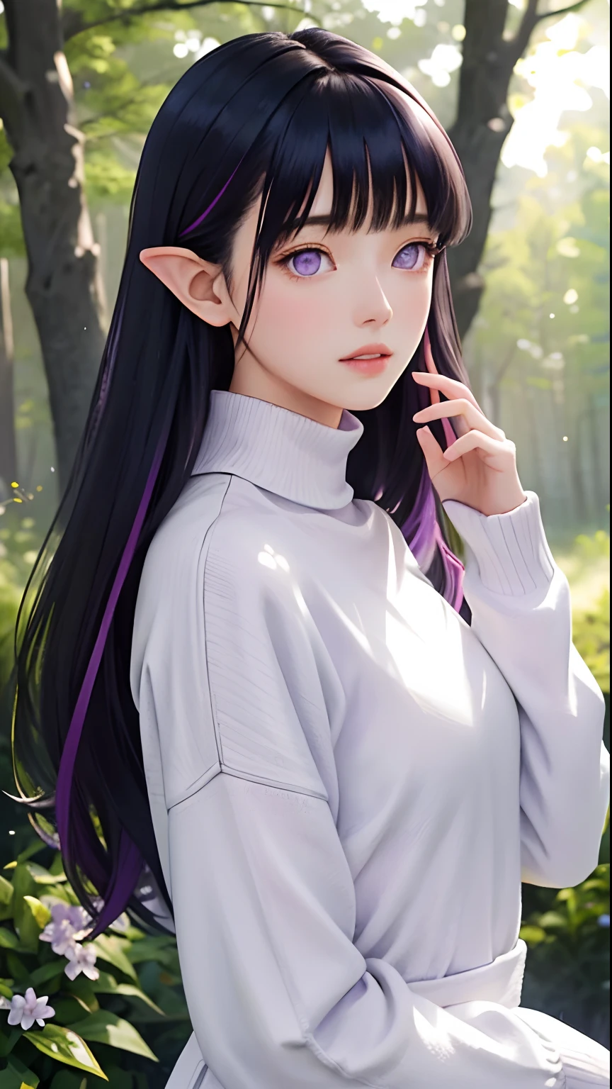 Masterpiece, best quality, 1girl, solo, close-up, pointy ears, lavender turtleneck sweater, in a forest, trees, flowers, holding a white bottle of isopropanol, detailed background, depth of field, rimlighting, specular highlights,Blunt Bangs, purple eyes, long dark blue hair, bloom, atmospheric lighting, (colorful, vivid, sunlight, warm lighting:1.2)