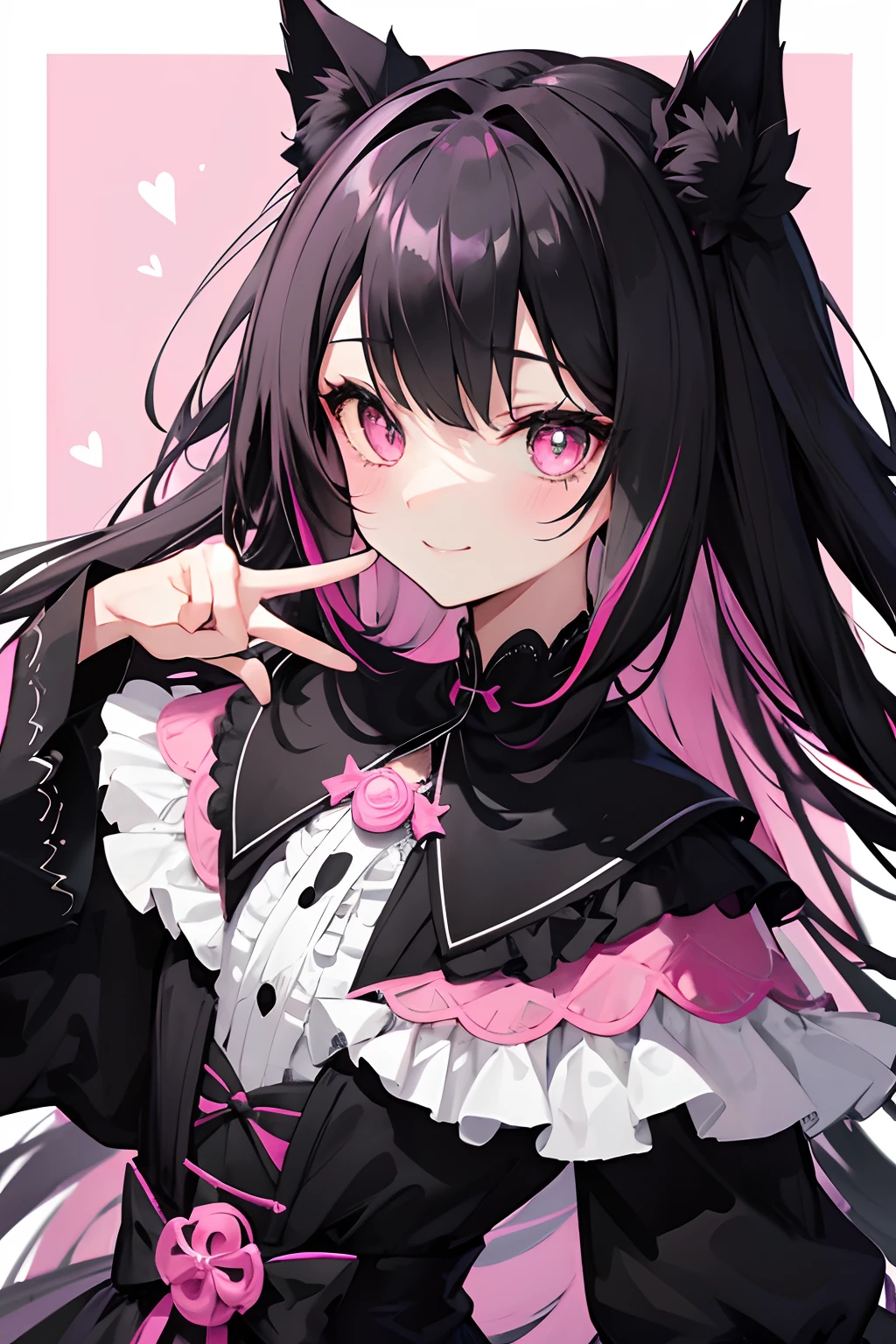 Black color hair，Pink pupils，Shawl hair，（（Hair and waist length）），Black-pink Lolita，（（（无袖））），Pure black cat ears，Pure black ears，Toothy smile，pink back ground，small black cat，Focus on the face，detail in face