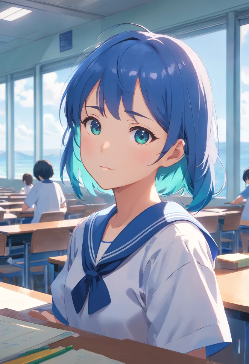 15 year old girl，It's a girl，hi-school girl，Large classroom，blue hairs，Sit by the window in the classroom，Unable to write math problems，The gentle sun shines on him，Was wearing a school uniform，It is a sailor suit