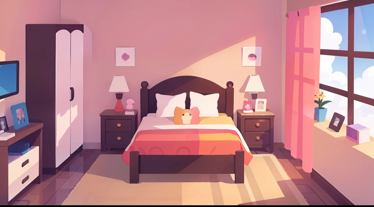 Model Room、No person、Stable composition、eye view、s room、Barely enough、plushies、pastel pink、Natural Color