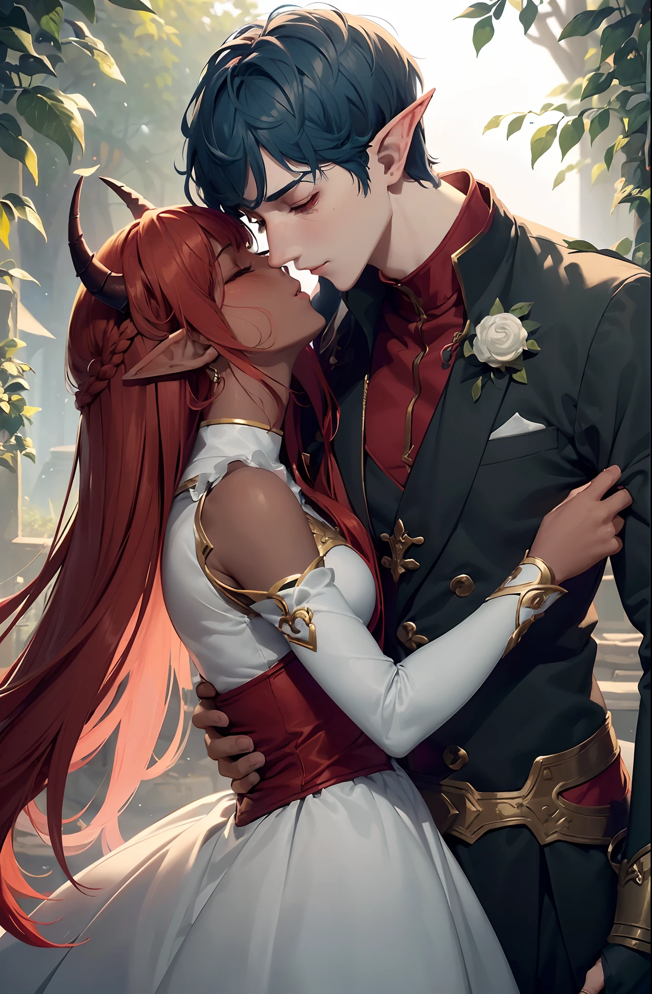 2others, couple, 1boy with 1girl, (Height difference1.3), (detailed noses:1.5), (elf boy with (different hair color)), (daemon-like girl with (red hair and dark skin)), girl with horns, (girl kissing boy), full body, knight and lady, fantasy, closed eyes, detailed, enchanted dark forest, dark fairy tale, unconditional love, emotional connection