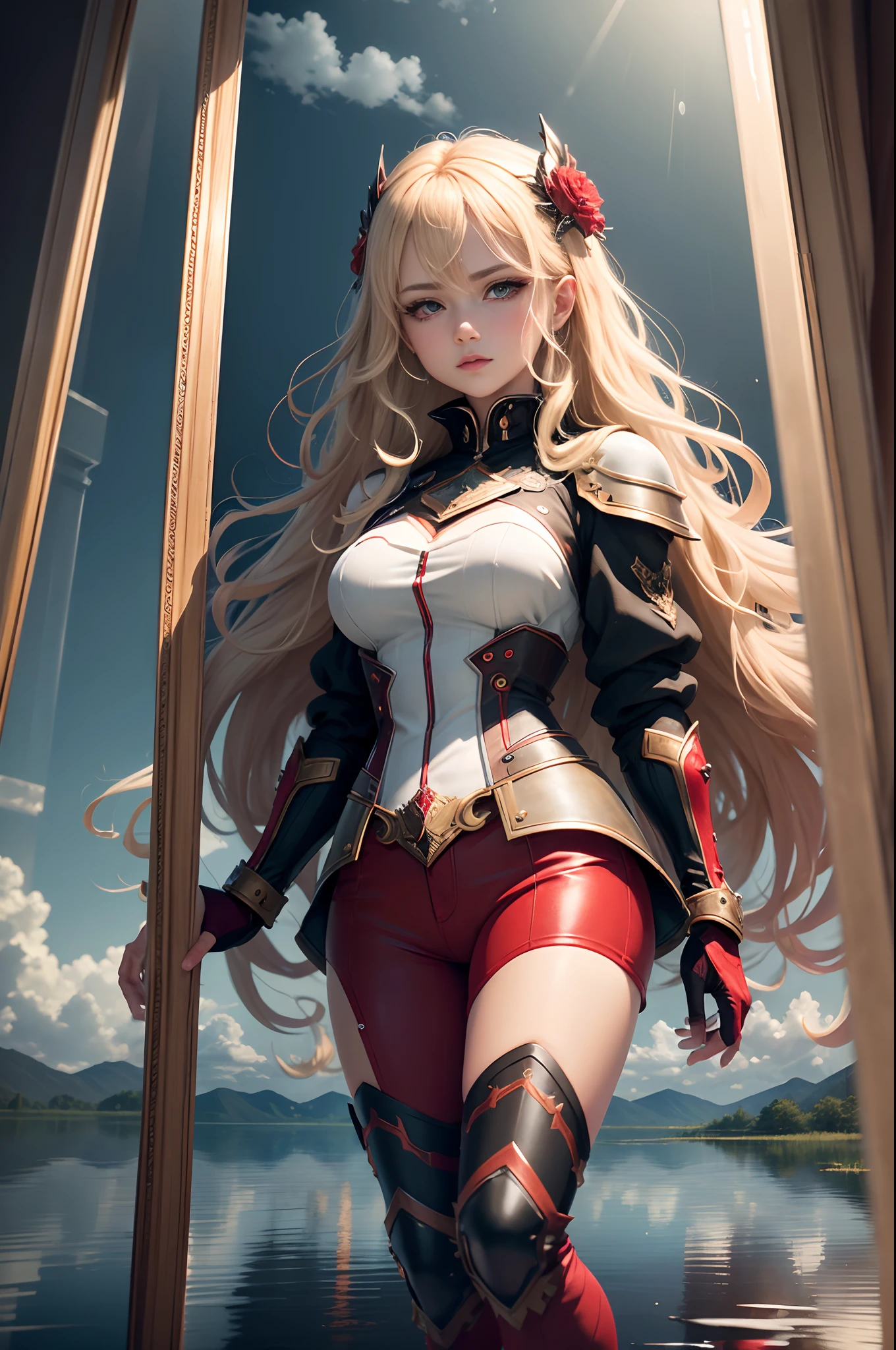 Unbeatable masterpiece, Ultra photo realsisim, Perfect Artwork, Intricate details, Best Quality, strong lights, High contrast, Red Armor, Black and red pants and armor, (makina:1.2)(masutepiece) , (Best Quality) , (Highly detailed wallpapers CG Unity 8k) , (best character detail:1.36), marshland, Oppressive sky, white clouds , (Delicate lines:1.24), ([The mirror reflects water]:1.37) , (Fantasy) , cumulonimbus clouds , (The oppressive atmosphere of the host:1.14) , (cold light:1.2) , Color splattering , Colorful, full body Esbian,White background, Detailed eyes, Beautiful eyes, Detailed eyeshadow, Red Eyes, Red Lipstick, wariza, hair adornments, Simple background, cube hair ornament, Blonde hair, 1womanl, Wavy Hair, hightquality　real looking skin　超A high resolution