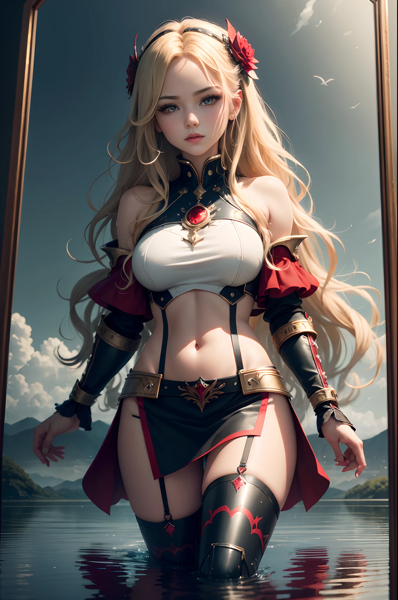 Unbeatable masterpiece, Ultra photo realsisim, Perfect Artwork, Intricate details, Best Quality, strong lights, High contrast, Red Armor, Black and red pants and armor, (makina:1.2)(masutepiece) , (Best Quality) , (Highly detailed wallpapers CG Unity 8k) , (best character detail:1.36), marshland, Oppressive sky, white clouds , (Delicate lines:1.24), ([The mirror reflects water]:1.37) , (Fantasy) , cumulonimbus clouds , (The oppressive atmosphere of the host:1.14) , (cold light:1.2) , Color splattering , Colorful, full body Esbian,White background, Detailed eyes, Beautiful eyes, Detailed eyeshadow, Red Eyes, Red Lipstick, wariza, hair adornments, Simple background, cube hair ornament, Blonde hair, 1womanl, Wavy Hair, hightquality　real looking skin　超A high resolution