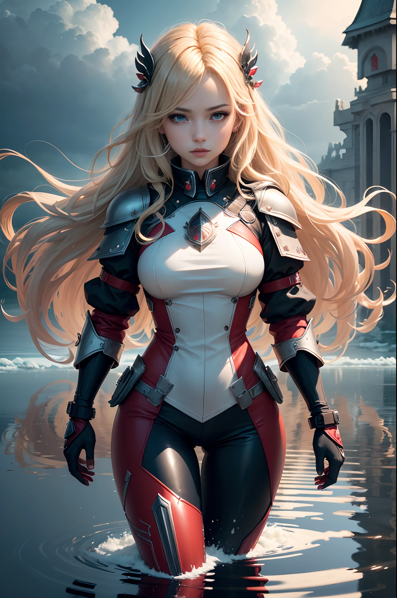 Unbeatable masterpiece, Ultra photo realsisim, Perfect Artwork, Intricate details, Best Quality, strong lights, High contrast, Red Armor, Black and red pants and armor, (makina:1.2)(masutepiece) , (Best Quality) , (Highly detailed wallpapers CG Unity 8k) , (best character detail:1.36), marshland, Oppressive sky, white clouds , (Delicate lines:1.24), ([The mirror reflects water]:1.37) , (Fantasy) , cumulonimbus clouds , (The oppressive atmosphere of the host:1.14) , (cold light:1.2) , Color splattering , Colorful, full body Esbian,White background, Detailed eyes, Beautiful eyes, Detailed eyeshadow, Red Eyes, Red Lipstick, wariza, hair adornments, Simple background, cube hair ornament, Blonde hair, 1womanl, Wavy Hair, hightquality　real looking skin　超A high resolution