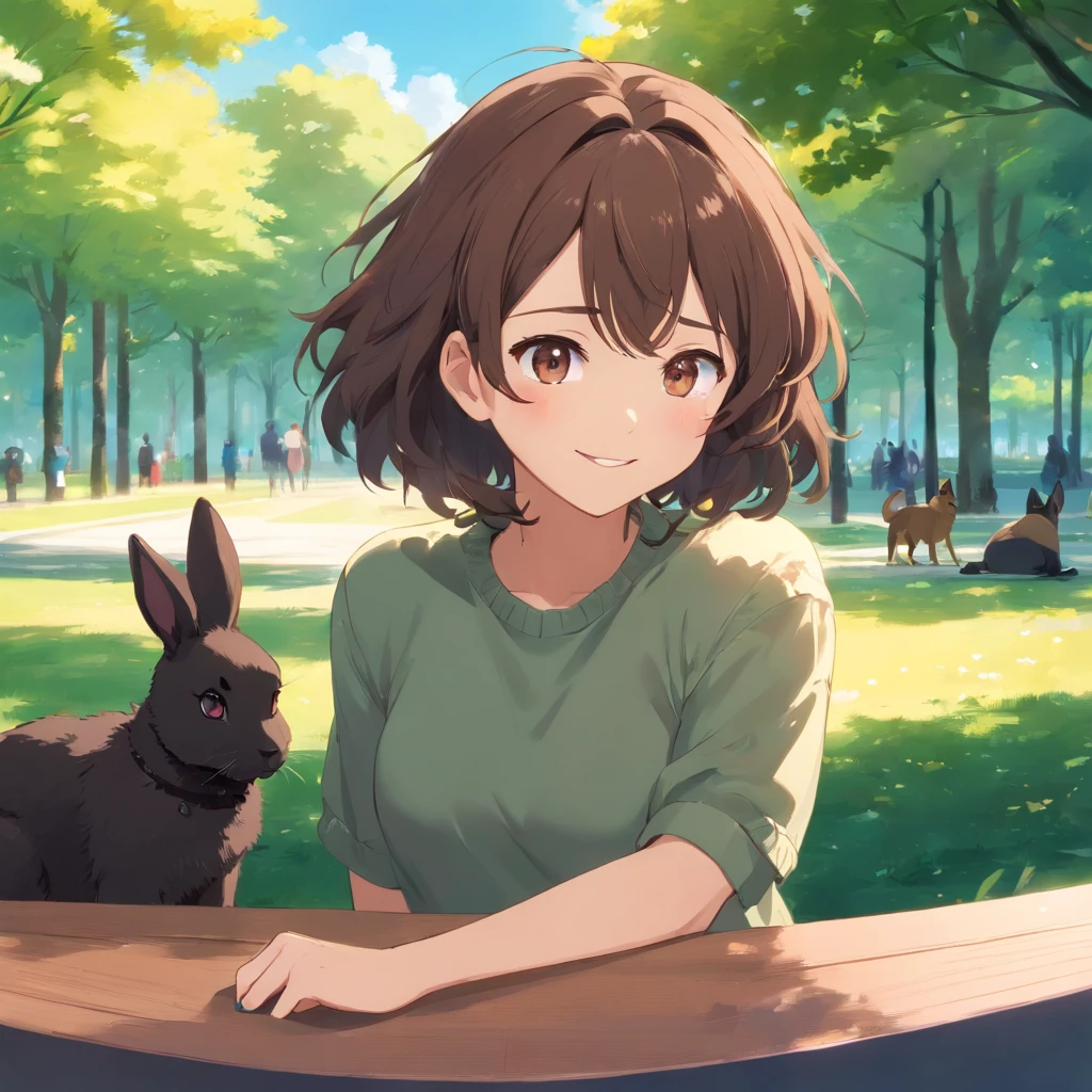 dark brown curly hair, hair bobbles, middle length hair, dark brown eyes, smiling, blushing, wince, longeyelashes, solid tired eyes, ear blush, fang, doubt, In the park, drop shadow, anaglyph, pov, atmospheric perspective, cinematic lighting, close-up, 8k, super detail, ccurate, best quality, sitting with a black bunny and sitting with another beige bunny and a german shepherd