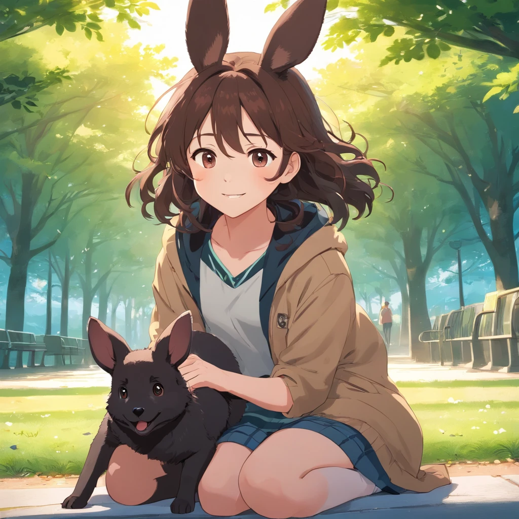 dark brown curly hair, hair bobbles, middle length hair, dark brown eyes, smiling, blushing, wince, longeyelashes, solid tired eyes, ear blush, fang, doubt, In the park, drop shadow, anaglyph, pov, atmospheric perspective, cinematic lighting, close-up, 8k, super detail, ccurate, best quality, sitting with a black bunny and sitting with another beige bunny and a german shepherd