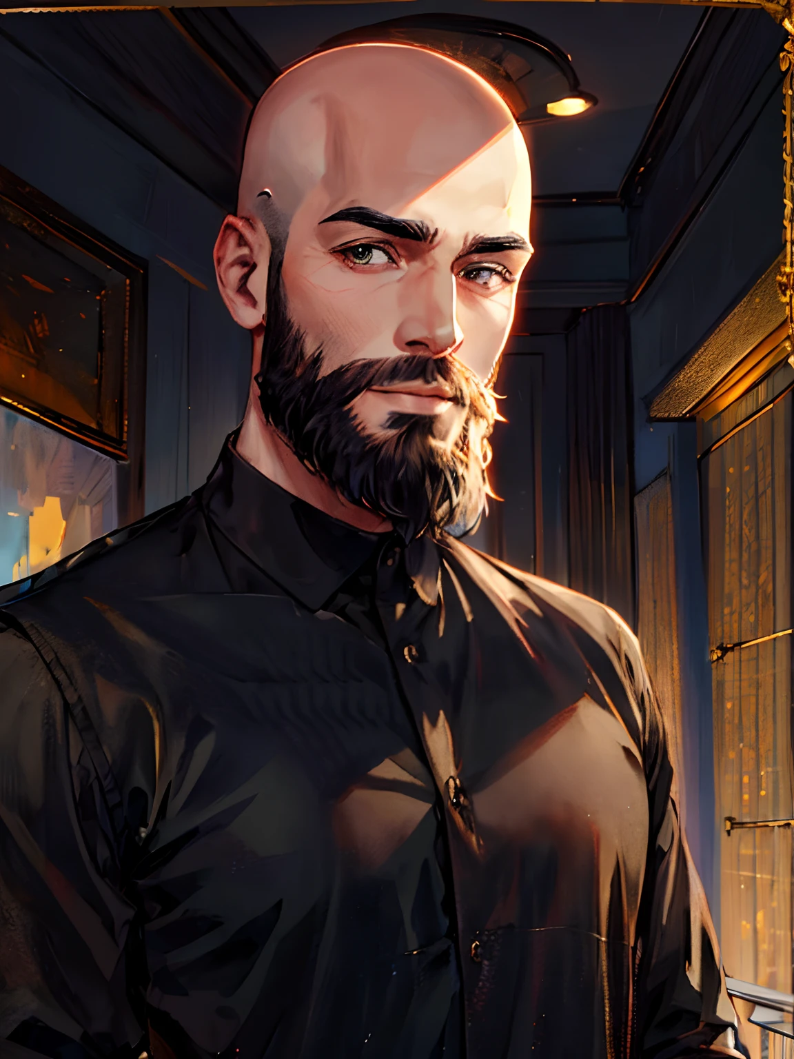 young Man with no hair, standing in relaxed pose, slight smile, full beard, wearing black shirt, looking at viewer, portrait photo