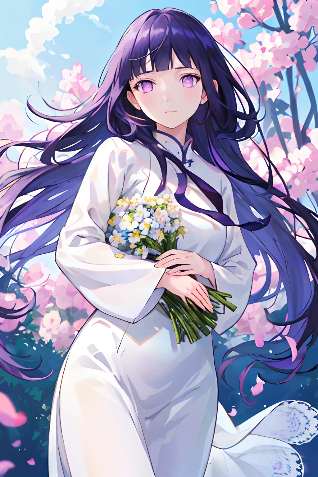 a beautiful girl in white aodai , masterpiece, best quality, realistic:1.3,in a field of flowers, holding bundle of flowers, sunlight, backlighting,Blunt Bangs, purple eyes, long dark blue hair,lace