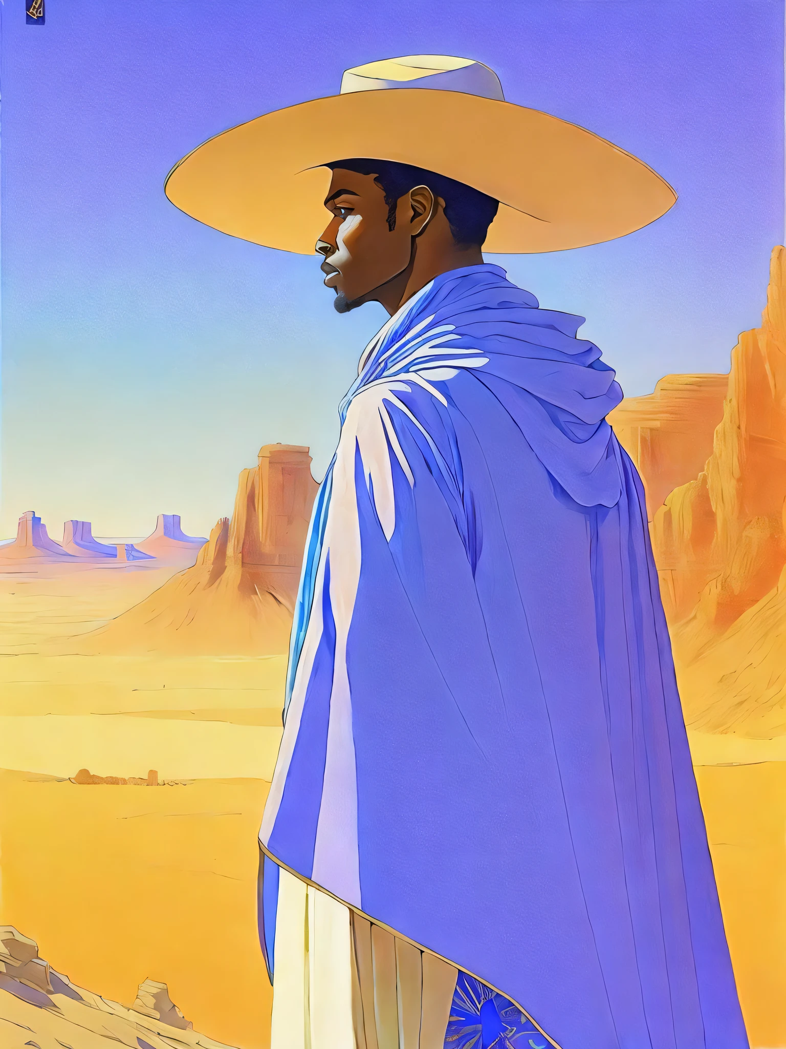 a painting of a man in a hat and cape looking out over a desert landscape by Moebius Jean Giraud
