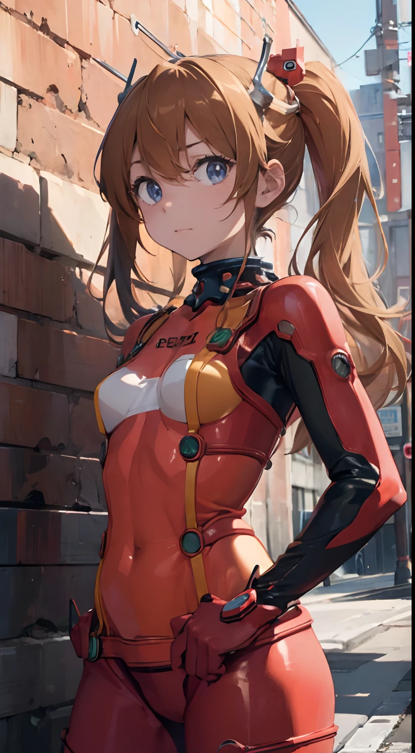 ((masterpiece,best quality, detailed)), against wall, souryuu asuka langley, test plugsuit, headgear
