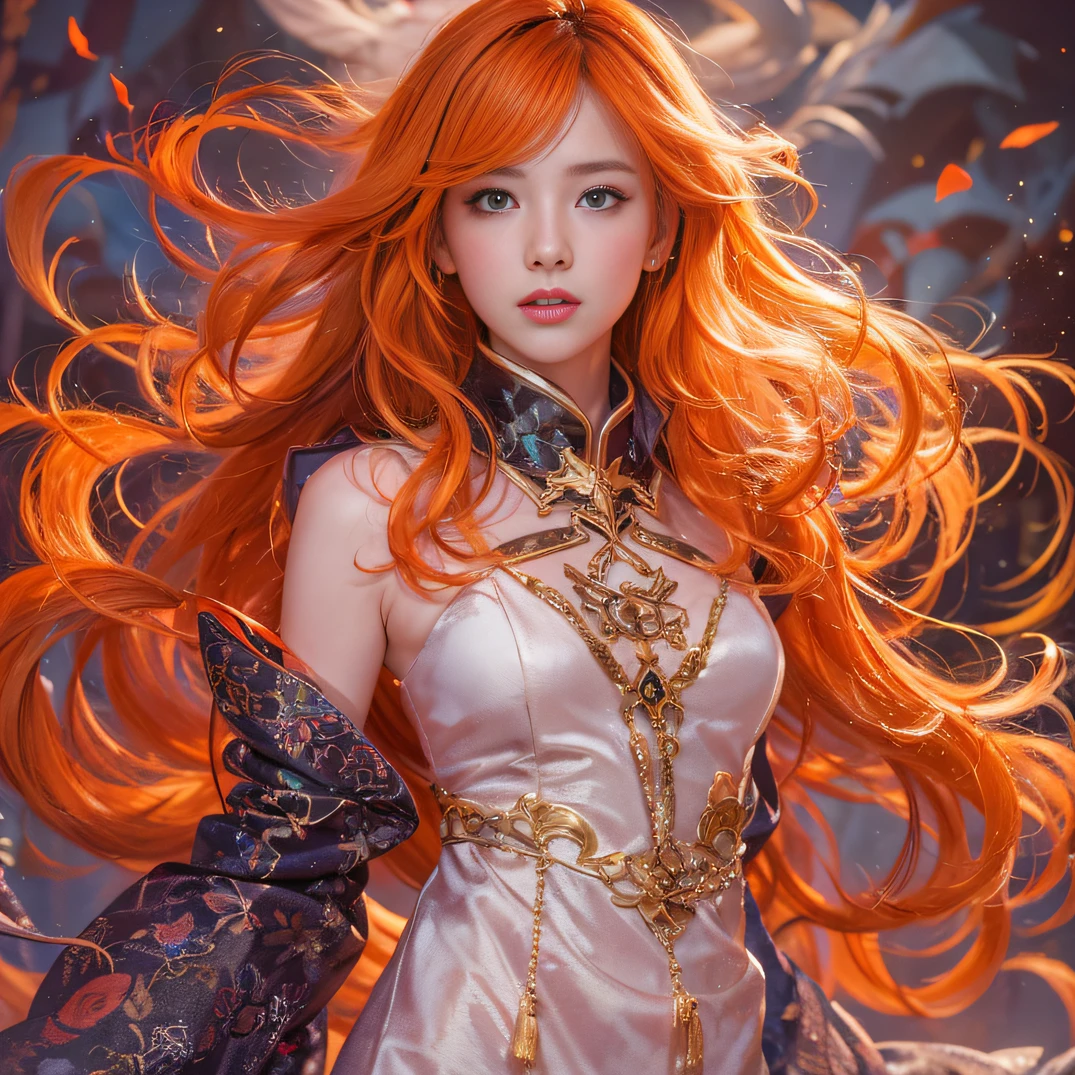 Blood Girl 32K(tmasterpiece,k hd,hyper HD,32K)Long flowing bright orange hair,blood pond,zydink, a color,Grumpy (Post-halo), (Linen scarf), Combat posture, looking at the ground, long whitr hair, Floating bright orange, Fire cloud pattern gold tiara, Chinese long-sleeved gold silk burgundy garment, (Abstract metaverse splash:1.2), white backgrounid,Lotus vitality protector(realisticlying:1.4),Bright purple hair,Smoke on the road,The background is pure, A high resolution, the detail, RAW photogr, Sharp Re, Nikon D850 Film Stock Photo by Jefferies Lee 4 Kodak Portra 400 Camera F1.6 shots, Rich colors, ultra-realistic vivid textures, Dramatic lighting, Unreal Engine Art Station Trend, cinestir 800,A girl with long flowing bright orange hair