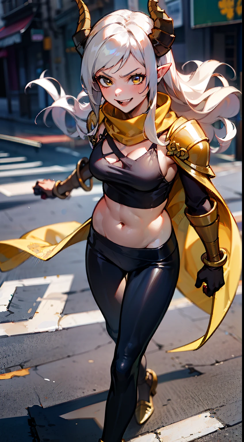 girl,(((african skin))), hidden arms,long hair, white hair,curly hair,yellow eyes,(villain,psycho,villain smile, psychopath, angry), medium boobs,show belly,gold armor outfit, black small shirt, detailed clothes, masterpiece, hyper realistic, high definition,black horns,black pantyhose,elve ear,yellow scarf,(walking in road)