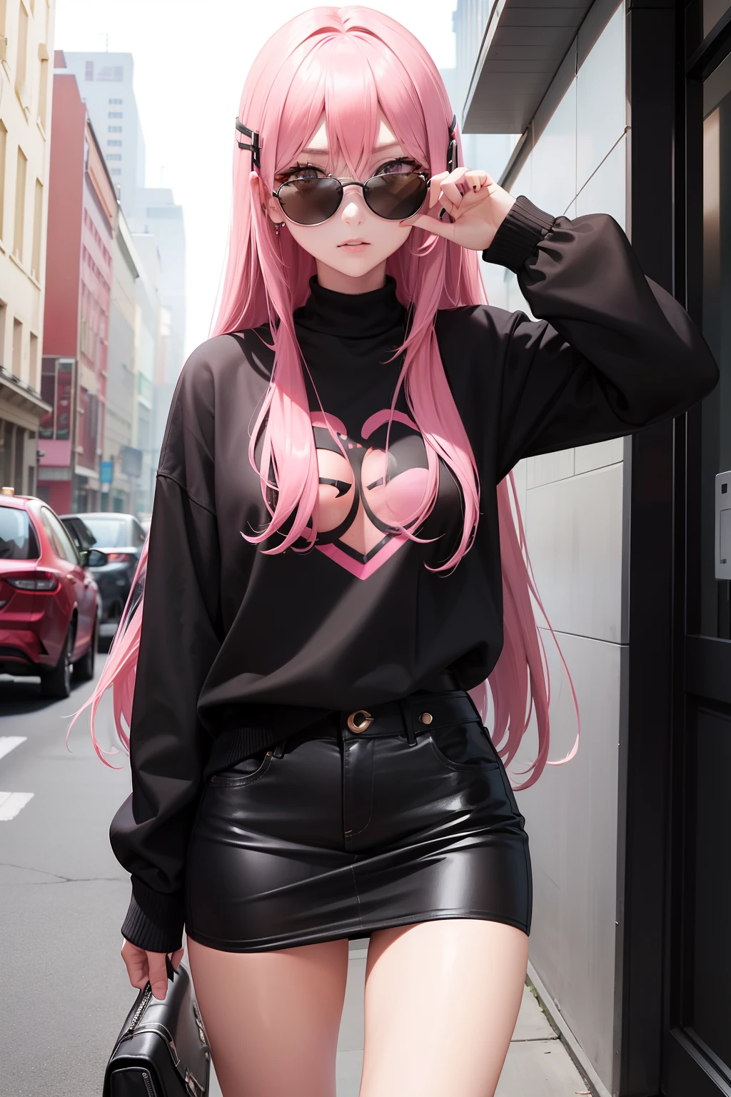 Leader of Runaway Bad Girl, Long Black Jumper, a cool、Skin Jean Miniskirt, Semi-long pink hair, Looking at the viewer, Front view,