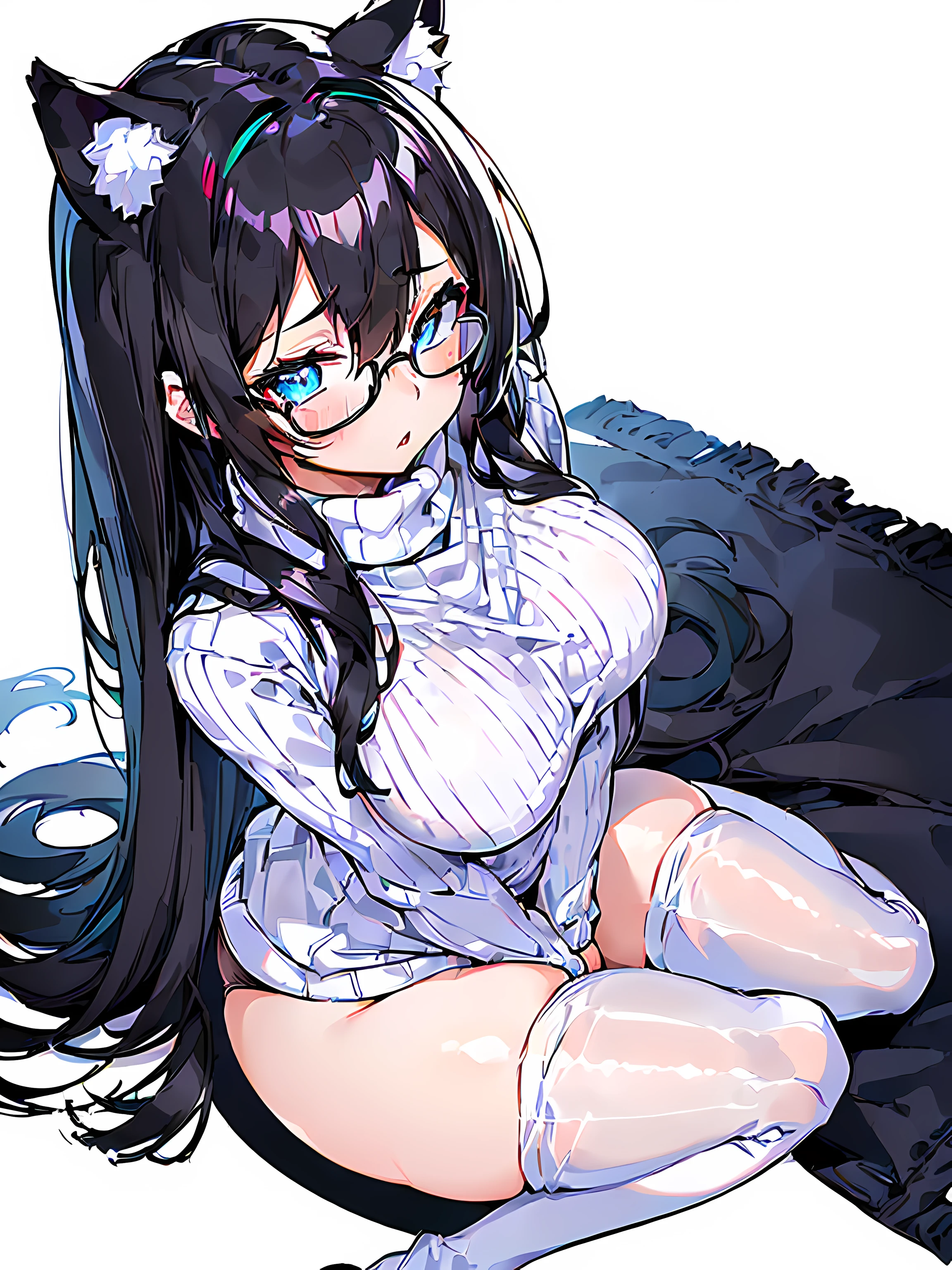 (((solo))), (((1, girl))) (((anime adult woman in a WHITE turtleneck cotton sweater outfit))), (((beautiful detailed eyes))), (((blue eyes))) (((parted lips))), (((black cat ears))), (((black hair))), (black messy hair), (((blushing))), (((flustered))), (((sitting, legs spread))), (((knees together feet apart pose))), anime moe artstyle, with glasses, (((with WHITE thigh highs))), (((no shorts))), ((())), (((WHITE thigh highs socks))), (((BLACK panties))) spectacled, with BLACK glasses on, attractive anime girl, (((white background))), (((perfect hands))), (((extreme close up to viewer))), (((looking up at viewer))), (((leaning towards viewer))), (((full body)))