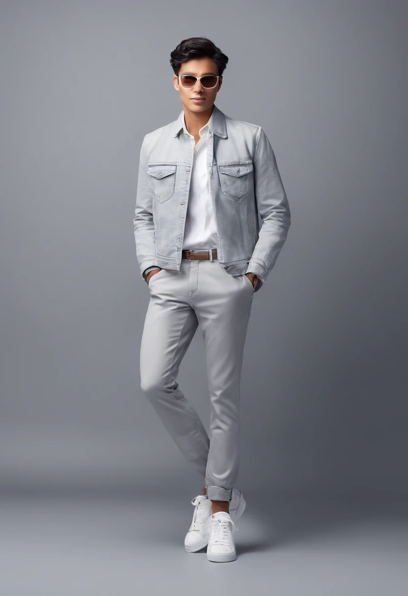 (Full body shot), Solo, 1,Dynamic pose,denim short,sunglasses,standing on your feet,Gray gradient background,(Extremely colorful, Best quality, high detal, Masterpiece, Cinematic lighting, 4K, Chiaroscuro,Ray traching)