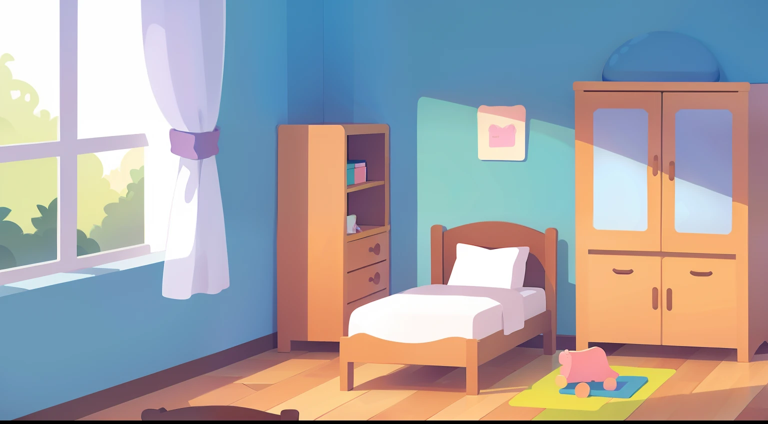 Model Room、No person、Stable composition、eye view、childs room、Small desk、Small cabinet、plushies、pastel pink、Natural Color