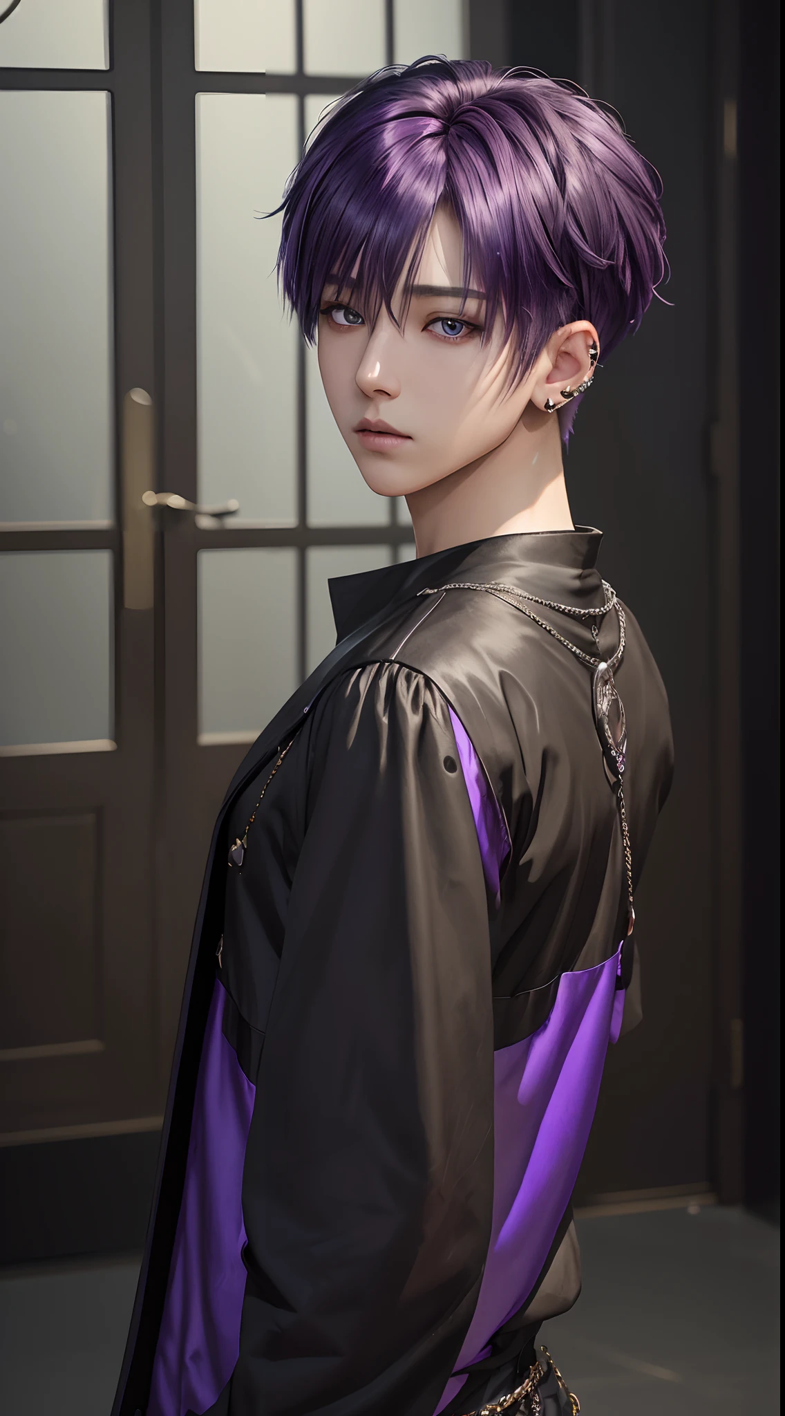Englandtown, Professional Photos, shot from back, Photographed so that the whole body can be seen, shot from back, By Fedman with a necklace, inspired by Sim Sa-jeong, androgynous vampire, :9 detailed face: 8, extra detailed face, detailed punk hair, ((Gray)) baggy eyes, Seductive. Highly detailed, semi realistic anime, Vampires, hyperrealistic teen, delicate androgynous prince, imvu, Bright purple hair, Gray eyes, Black Cool Korean Fashion, Hiding both eyes with bangs, I can't see both eyes with bangs, Long bangs, short hair above the ears, Glaring expression, Wild look, looking distantly, high-level image quality, masterpiece, ((1 male human))