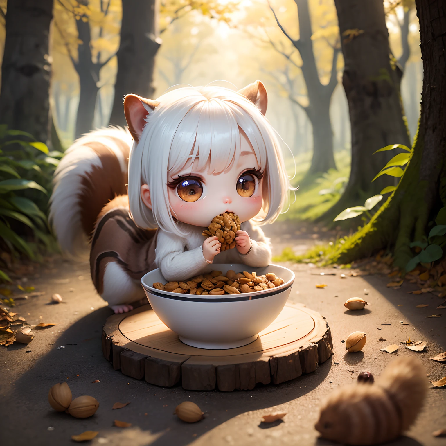 Chibi Squirrel、White hair all over the body、Eating nuts、Fairytale autumn forest、