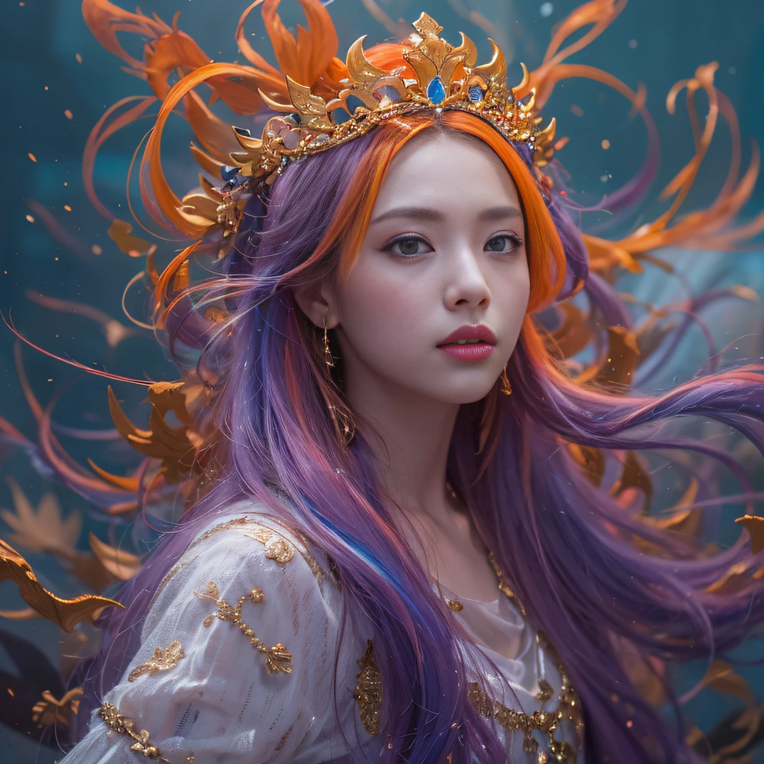 cyan colors，blue colors，A flesh-colored world，Blood Girl 32K（tmasterpiece，k hd，hyper HD，32K）Long flowing bright orange hair，blood pond，zydink， a color，Grumpy （Post-halo）， （Linen scarf）， Combat posture， looking at the ground， long whitr hair， Floating bright orange， Fire cloud pattern gold tiara， Chinese long-sleeved gold silk burgundy garment， （Abstract metaverse splash：1.2）， white backgrounid，Lotus vitality protector（realisticlying：1.4），Bright purple hair，Smoke on the road，The background is pure， A high resolution， the detail， RAW photogr， Sharp Re， Nikon D850 Film Stock Photo by Jefferies Lee 4 Kodak Portra 400 Camera F1.6 shots, Rich colors, ultra-realistic vivid textures, Dramatic lighting, Unreal Engine Art Station Trend, cinestir 800，A girl with long flowing bright orange hair