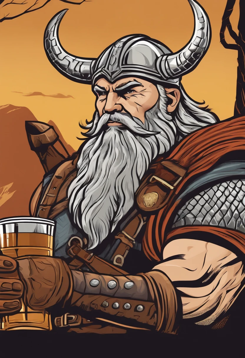 strong viking, drinking a beer, full body, holding a beer mug in his hand, comic book style, vector, thor inspired, clear background, charismatic,