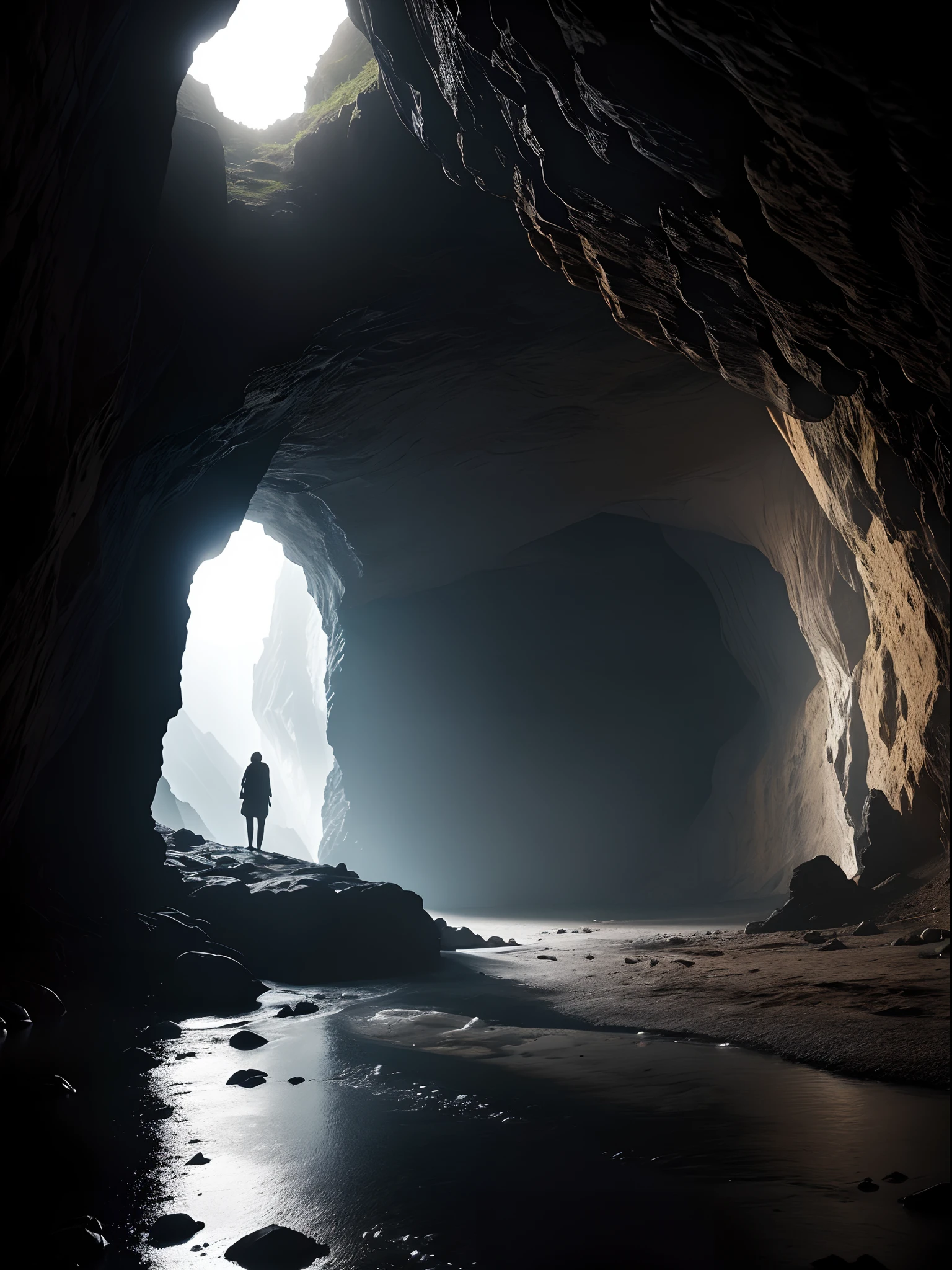 A phone camera that allows you to take a photo inside a cave, in the style of romantic: dramatic landscapes, light & shadow play, agfa apx