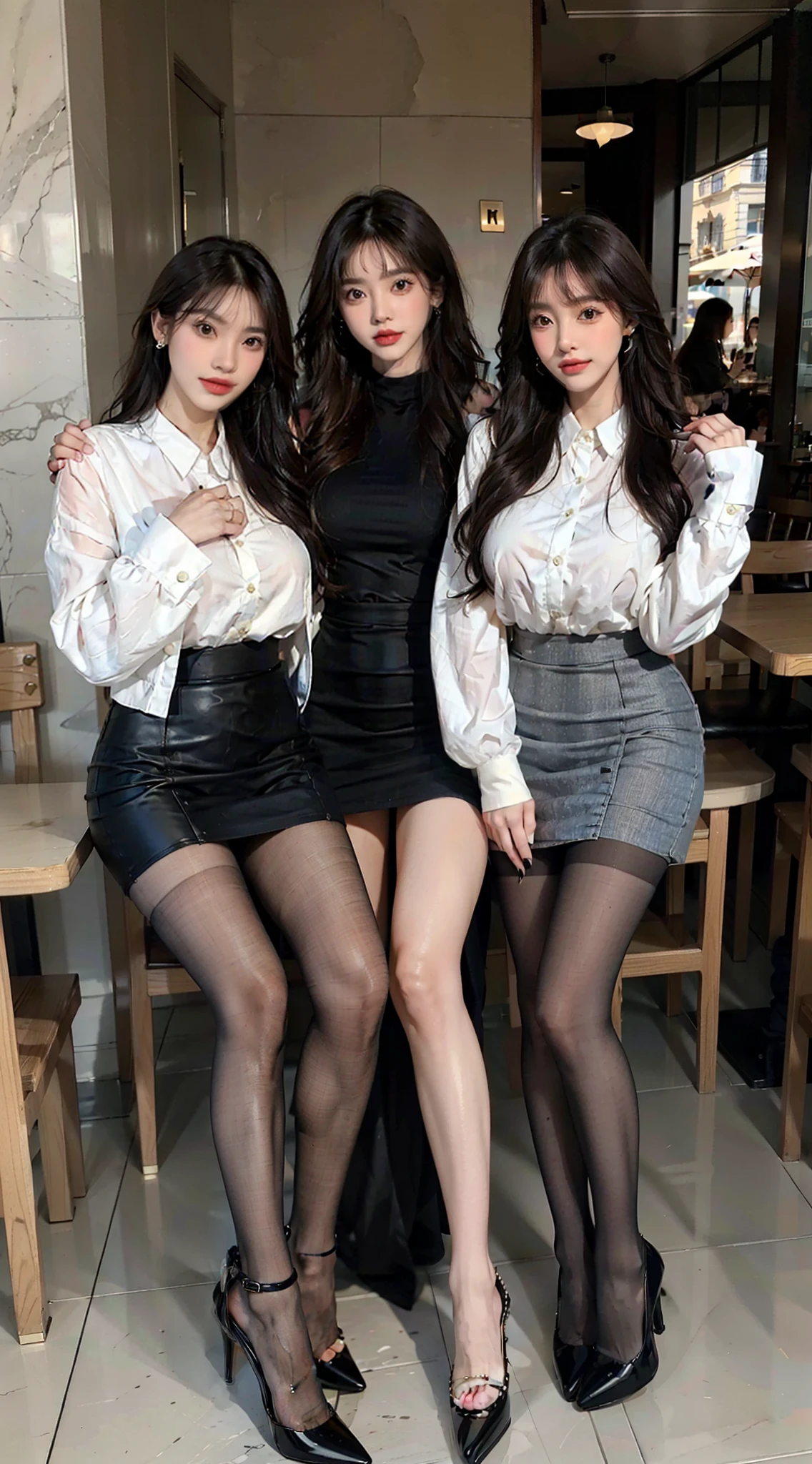 Heavy makeup，Thick opaque pantyhose，8K，Long legs，By bangs，waved hair，mature，rays of sunshine，ear studs，Superskirt，Stiletto heels，Three women together，Long-sleeved loose clothing，Cafe