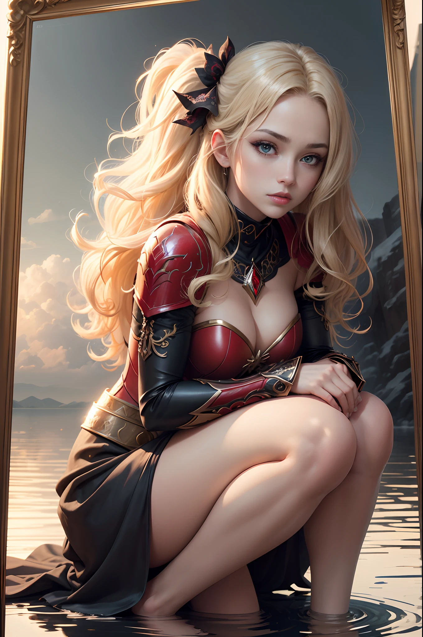 An invincible masterpiece on all fours, Ultra photo realsisim, Perfect Artwork, Intricate details, Best Quality, strong lights, High contrast, Short Bob Red Armor, Black and red pants and armor, (makina:1.2)(masutepiece) , (Best Quality) , (Highly detailed wallpapers CG Unity 8k) , (best character detail:1.36), marshland, Oppressive sky, white clouds , (Delicate lines:1.24), ([The mirror reflects water]:1.37) , (Fantasy) , cumulonimbus clouds , (The oppressive atmosphere of the host:1.14) , (cold light:1.2) , Color splattering , Colorful, full body Esbian,White background, Detailed eyes, Beautiful eyes, Detailed eyeshadow, Red Eyes, Red Lipstick, wariza, hair adornments, Simple background, cube hair ornament, Blonde hair, 1womanl, Wavy Hair, hightquality　real looking skin　超A high resolution