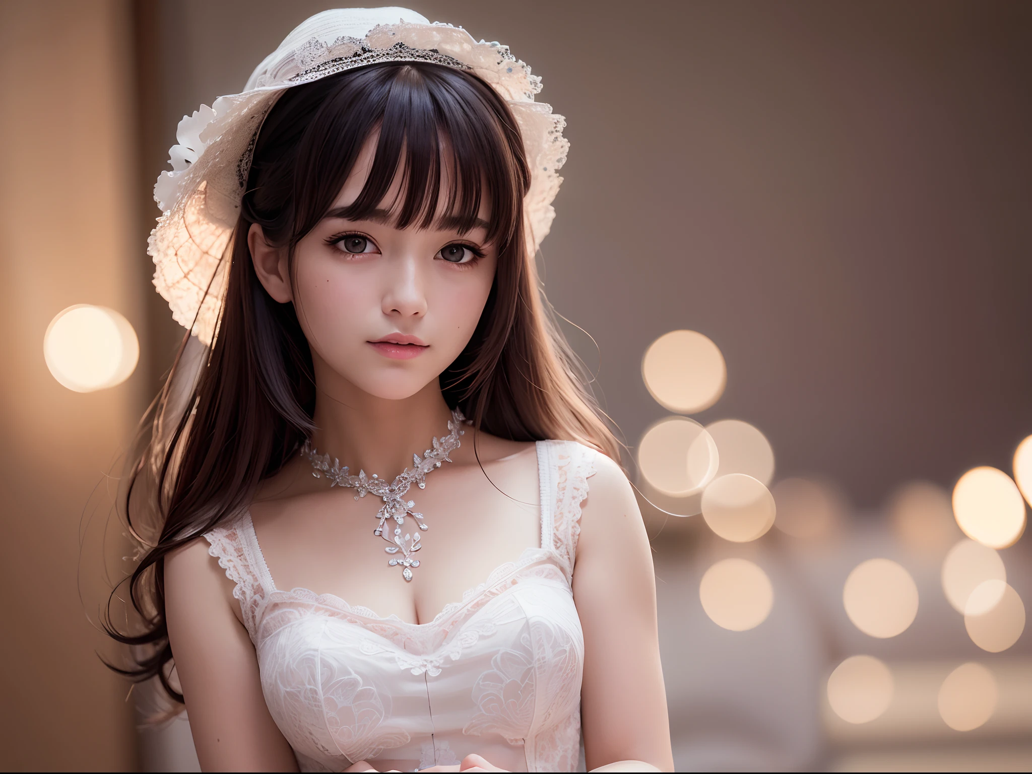 Medium view, Medium shot, Depth of field, Bust, Upper body, Movie Angle, Masterpiece, Best quality, Super detailed, CG, 8K wallpaper, Beautiful face, Delicate eyes, A maiden, Solo, Smile, bangs, Skirt, shirt, Hat, dress, bow, petals, Bouquet