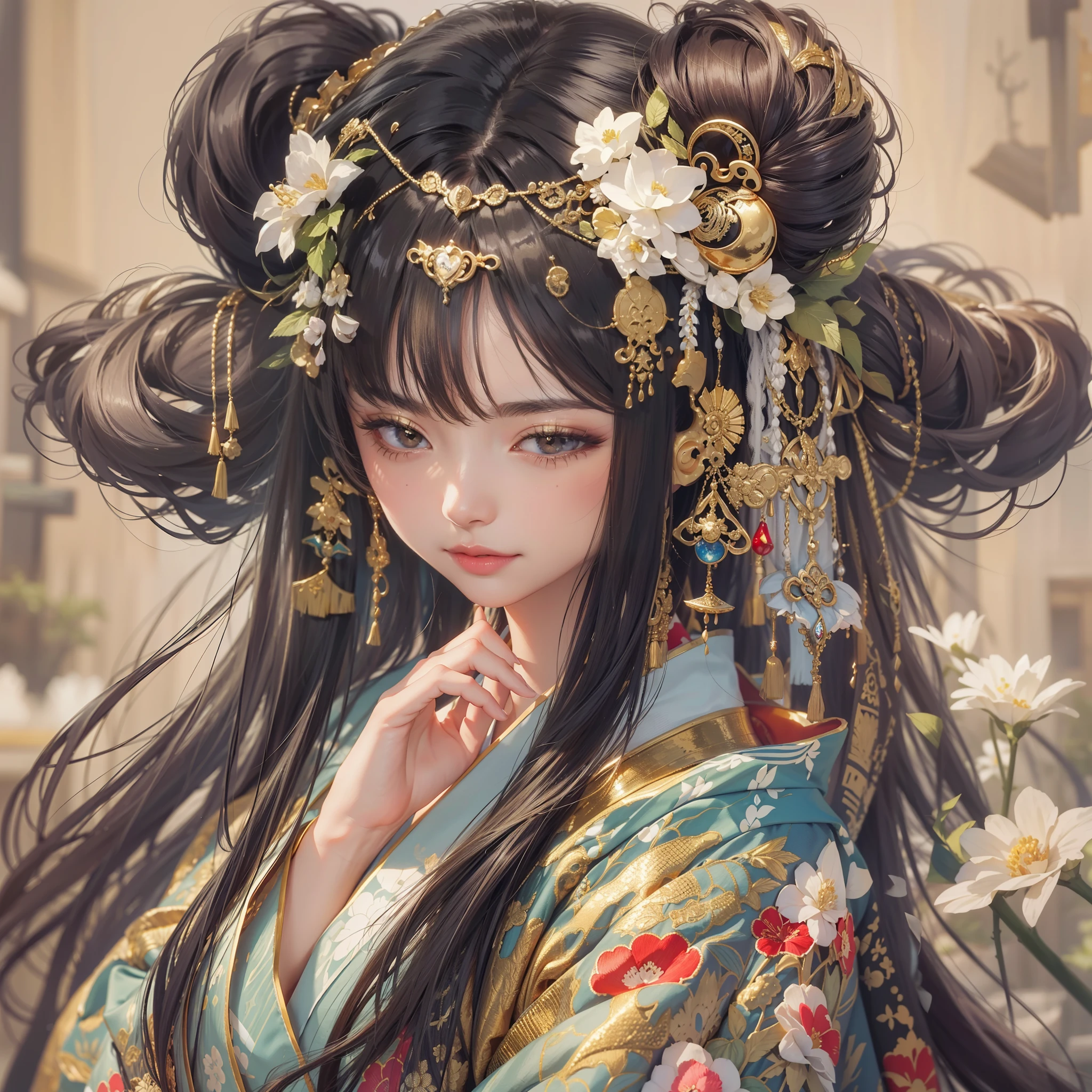 a moon、Detailed background((ancient city:1.2),细致背景)、Elegant backgrounds,Zen entanglement, glossy dark hair,poneyTail,Lots of bouquets in hand, BREAK,elaborate costume{Luxury kimono(Colorful kimono(Detailed golden embroidery,))}、Japanese Idol(actress),Depict a beautiful and graceful woman of Japan。Heart in the eye。 Wallpaper 8K, .Blur the background with a sickle,((masutepiece)), ((Best Quality)),{{a portrait photo of}},full body Esbian