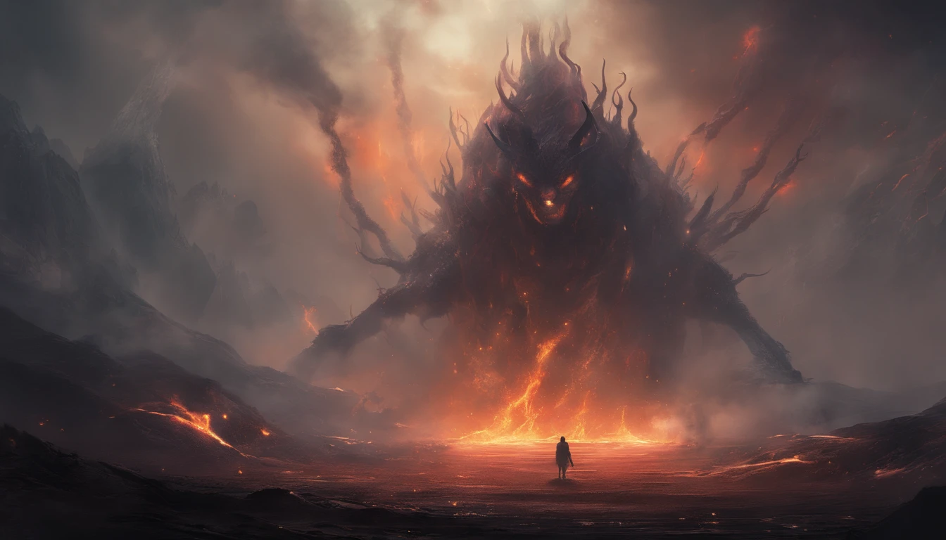 Otherworldly mysterious creatures, Terrifying atmosphere, Fire, Smoke, hyper photorealism, High quality, Masterpiece