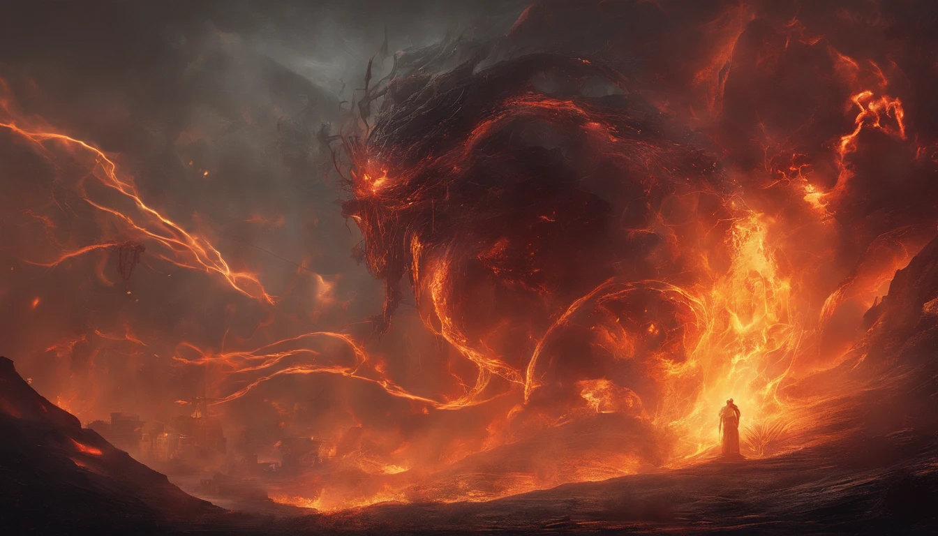 Otherworldly mysterious creatures, Terrifying atmosphere, Fire, Smoke, hyper photorealism, High quality, Masterpiece