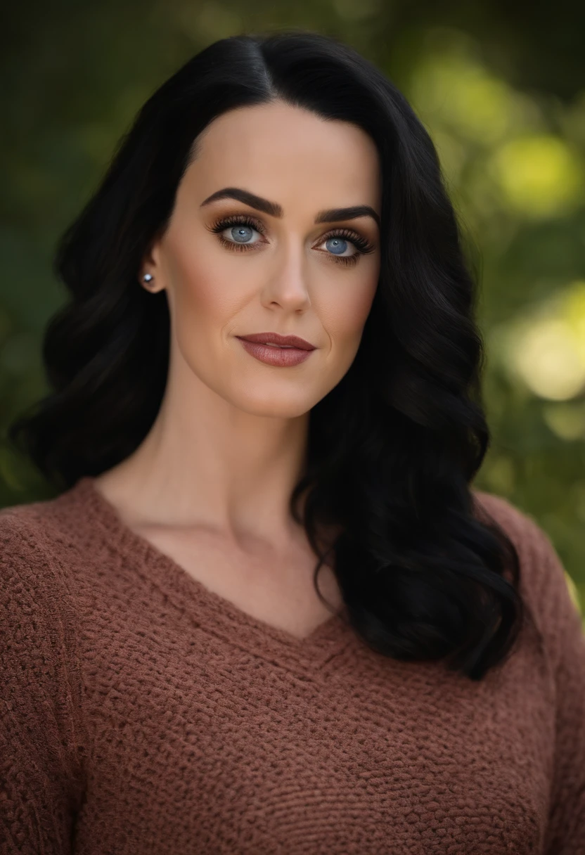 Katy Perry in a sweater, Portrait, Beautiful face, pretty eyes, outside, Portrait, park, green trees, teeth, Eyes open, Ward's award-winning photo, Best quality, Upper body, Jennifer Connelly, nikon d850 film stock photograph 4 kodak 400 camera f1.6 lens rich colors hyper realistic lifelike texture natural lighting trending on artstation cinestill 800, (100mm lens)