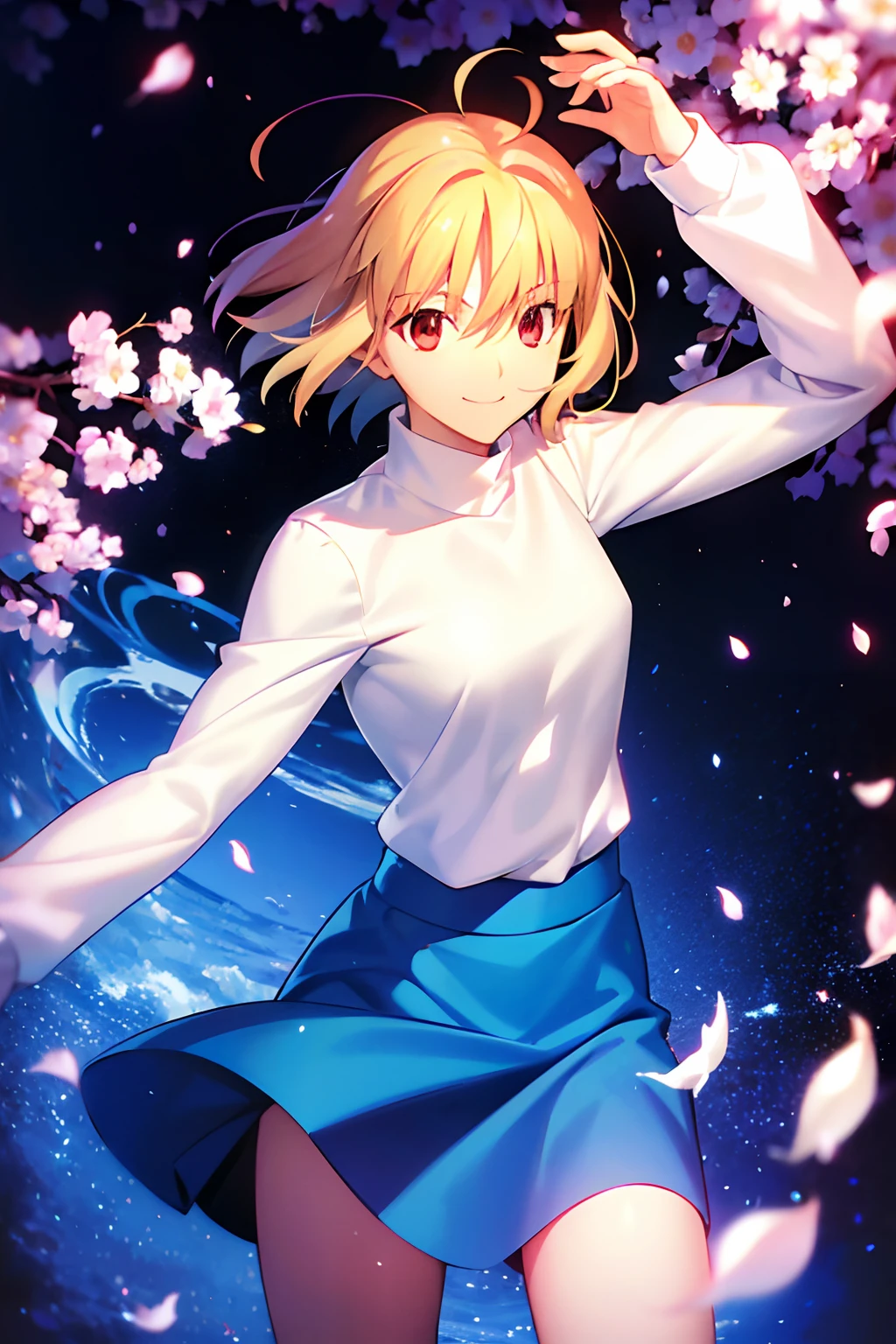 takashi takeuchi、Tsukihime、Alcaid Brunestad、***1人、Ahoge、a blond、a miniskirt、flower petals、(Blue skirt)、rainbows、red eyes、short-hair、skirt by the、A smile、独奏、White sweater、(White turtleneck)、((​masterpiece))