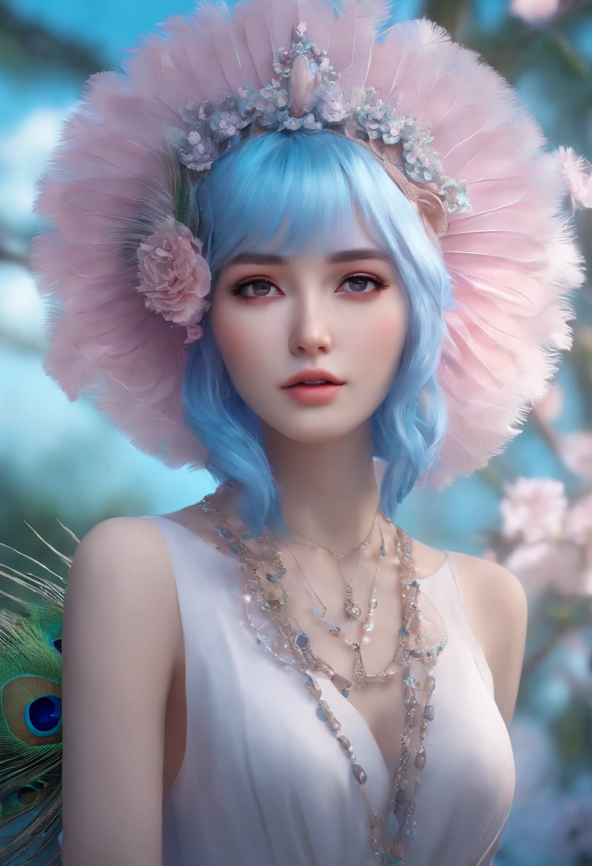 Girl with blue-pink hair and peacock feathers, Inspired by Hiko-kun Narai, CGSesociety, 🌺 Anime style. 8K, Anime style 3D, Popular on CGstation, 8k high quality detail art, Guvez style artwork, Fantasy art style, Realistic anime 3D style, Anime inspiration, Anime style mixed with Fujifilm